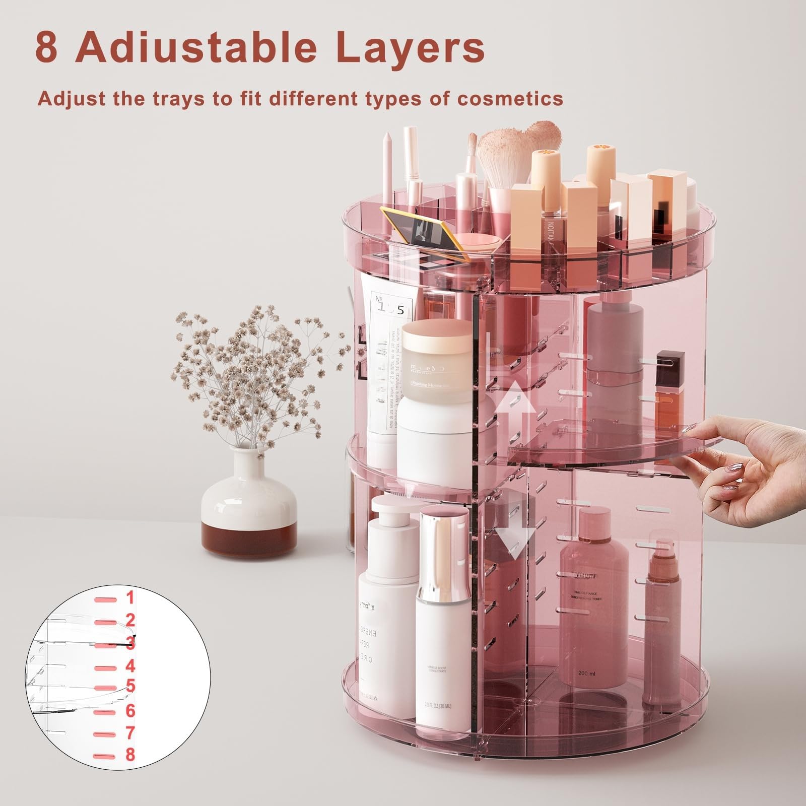 Jiavarry Organizer rotante per trucchi a 360 gradi con slot per rossetto, 8 strati regolabili, organizer per la cura della pelle, grande capacità, mensola per cosmetici per piano di lavoro del bagno