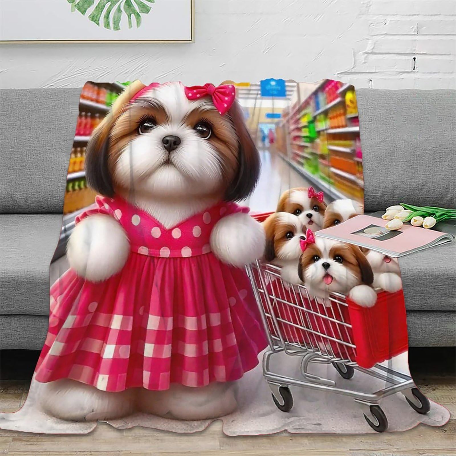 Couverture chien mignon imprimée 3D en microfibre douillette 200x230cm pour lit adulte