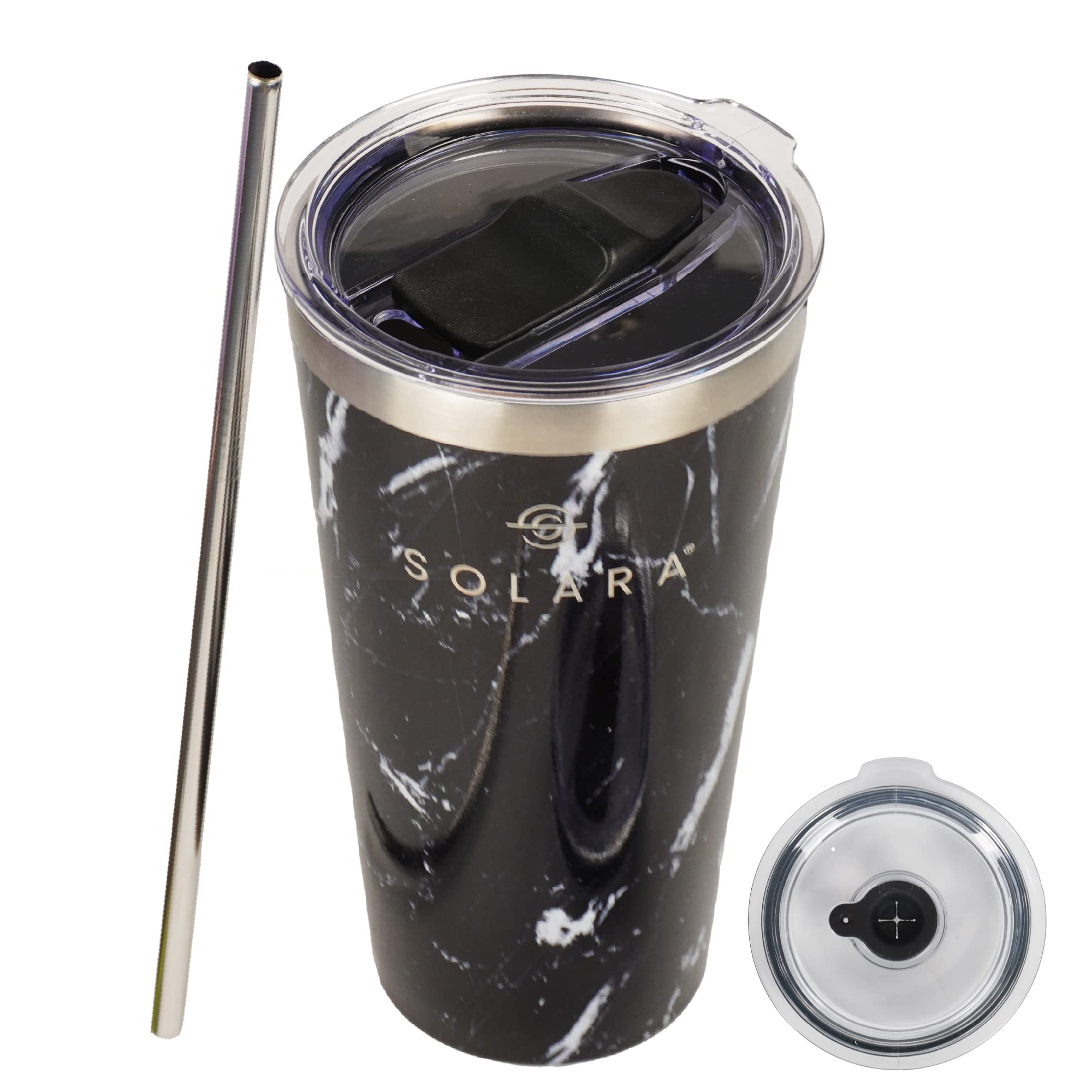 SOLARATumbler with lid and Straw 475ml, Double Wall Insulated Stainless Steel Coffee Tumbler, Travel Mug with Lid, Hot and Cold Coffee Mug with lid for Office, Home and Travel -Black Marble