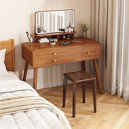 Miniatura 11 de Tocador con espejo de luces, escritorio de maquillaje de madera con taburete acolchado, moderno escritorio de tocador para dormitorio con taburete