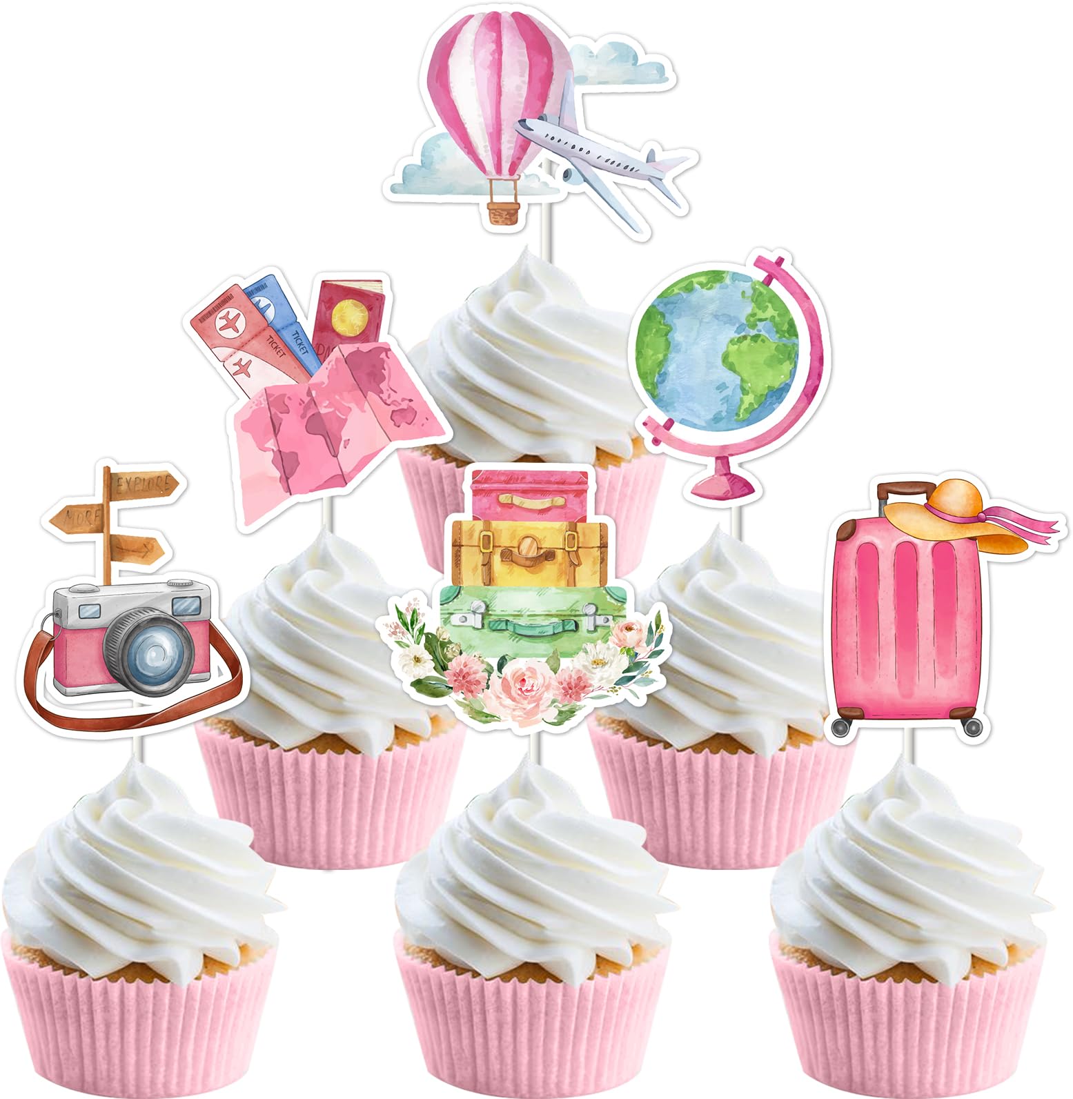 Kreatwow Decorazioni per cupcake per feste di viaggio, 24 pezzi, rosa, con scritta Let the Adventure Begin, a tema viaggio, per feste di compleanno, viaggi in tutto il mondo, decorazioni per cupcake