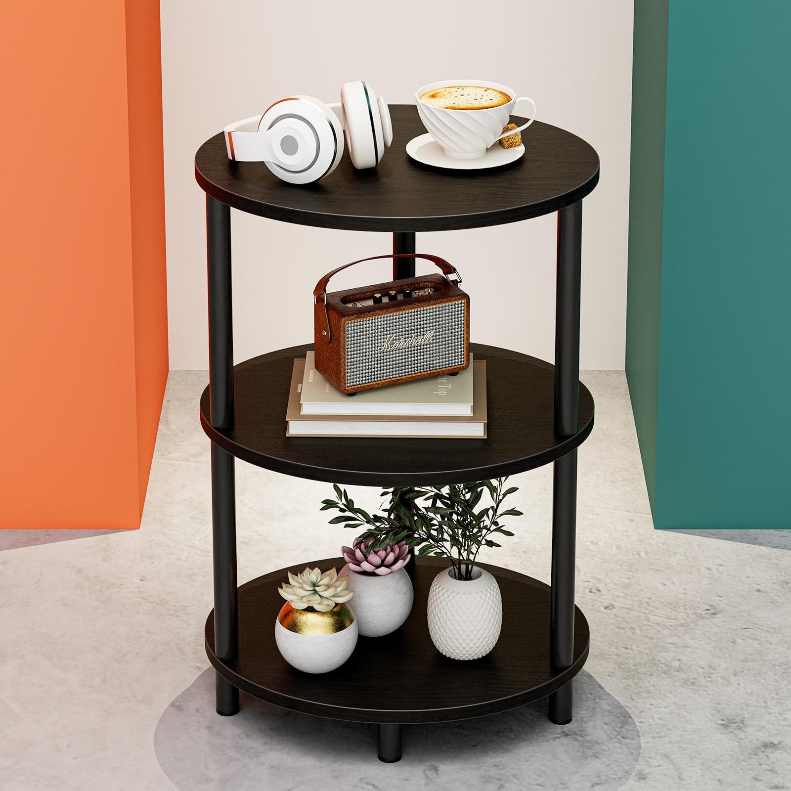 Small Round Side Table - 3-Tier Oval Accent Table for Small Spaces, Rustic Wood and Metal Couch End Table, Nightstand for Bedroom or End Table Living Room, Easy to Assemble, Charcoal Wenge