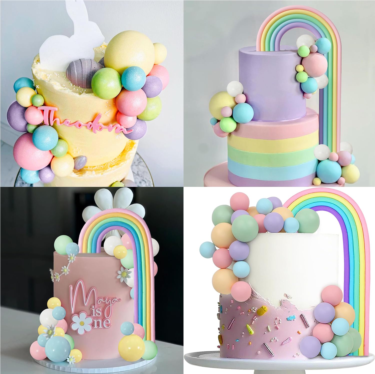 41 Decorazioni Per Torte Con Palline Arcobaleno Pastello - Set Per Compleanni, Baby Shower E Feste (1 Arcobaleno + 40 Palline Blu E Beige)