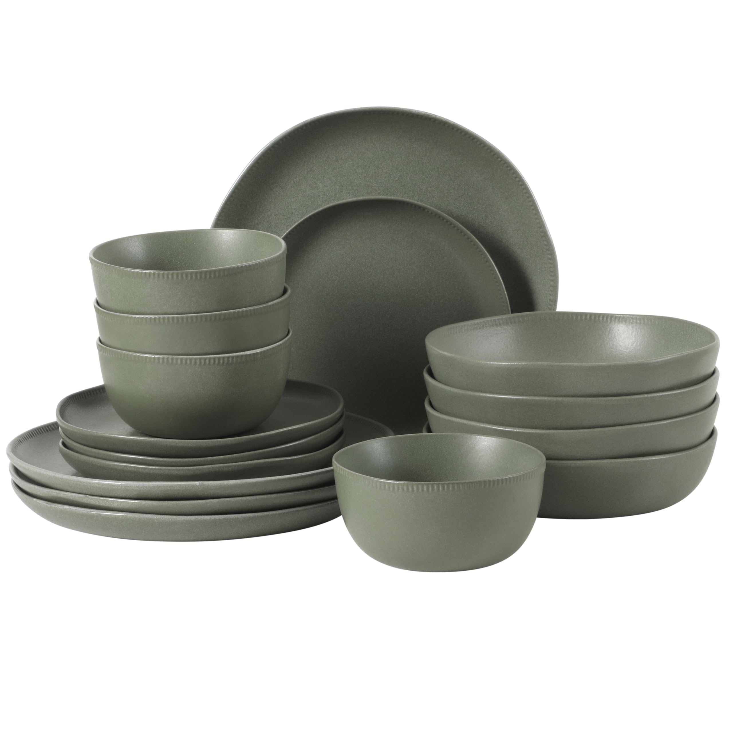 Gibson Elite Menlo Park 16-Piece Pottery Clay Stoneware Dinnerware Set – Green Reactive Glaze, Organic Shape Embossed Plates and Bowls W/Pasta Bowl, Service for 4 – Microwave &amp; Dishwasher Safe