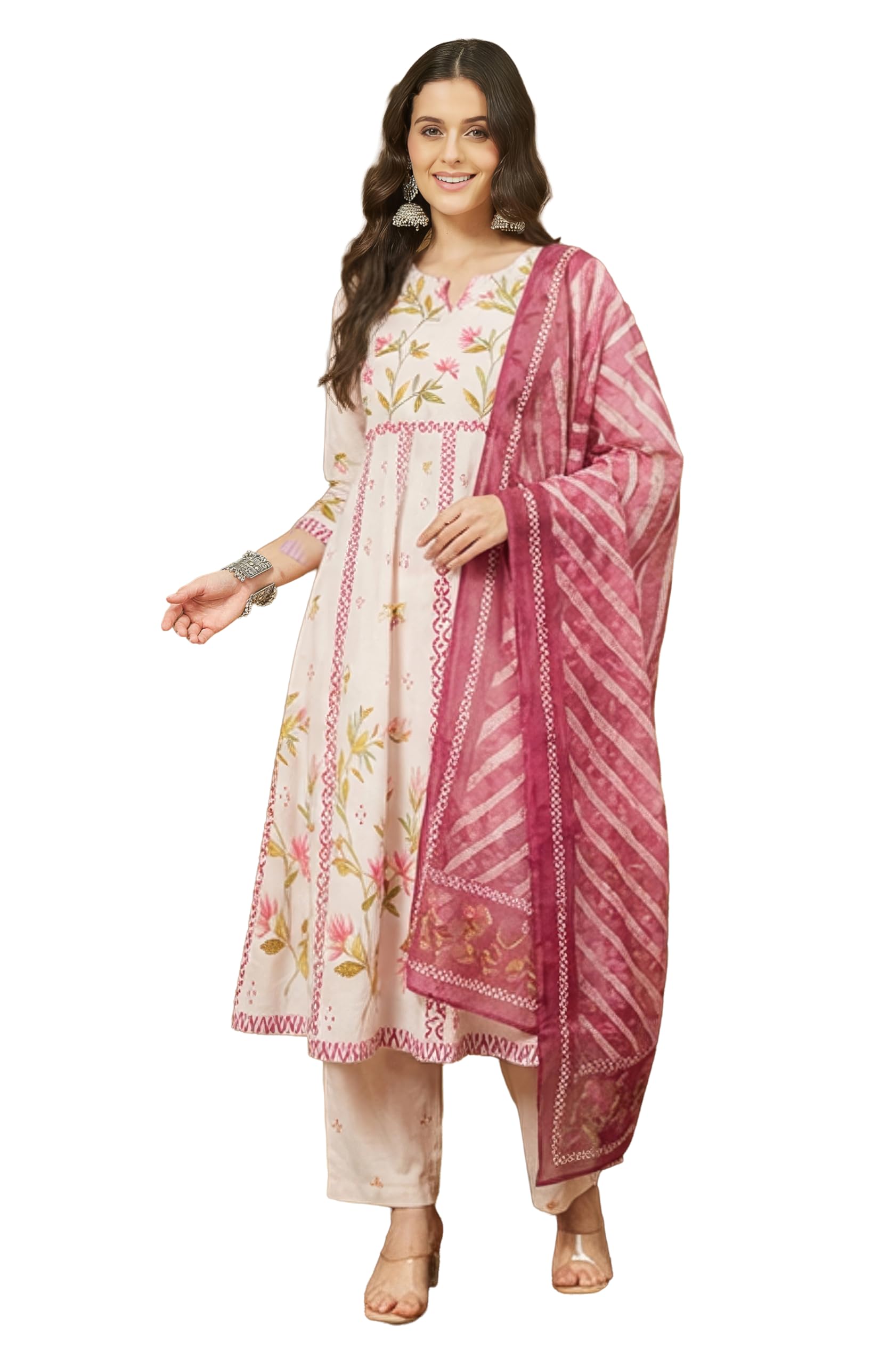 janasya Women's Cream Cotton Blend Floral Printed Anarkali Kurta Set-picture-23