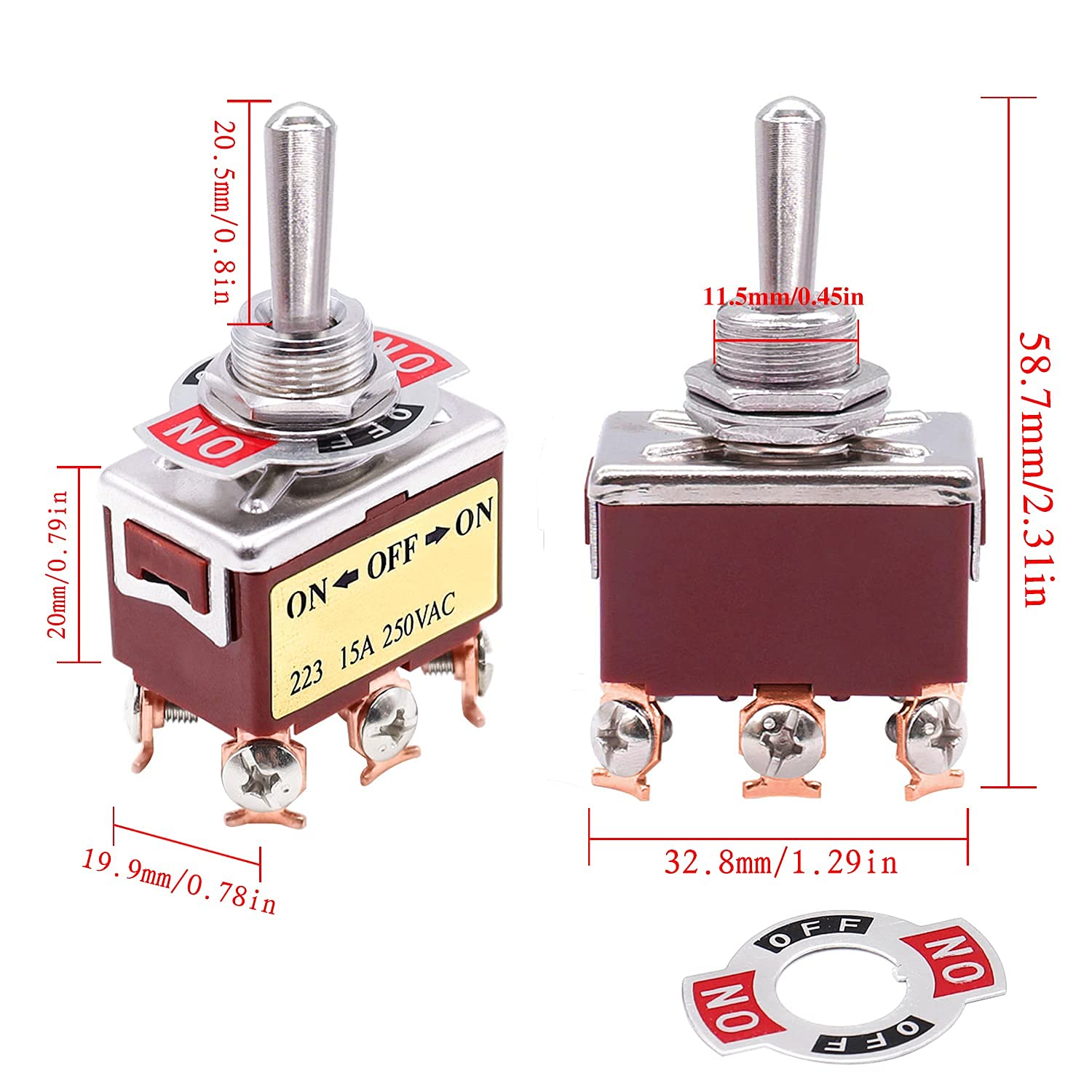 Kippschalter, 2 Stück, Momentanschalter, Kippwippe, robust, 20 A, 125 V, DPDT, 3 Positionen, 6 Klemmen – Aus – Kippschalter