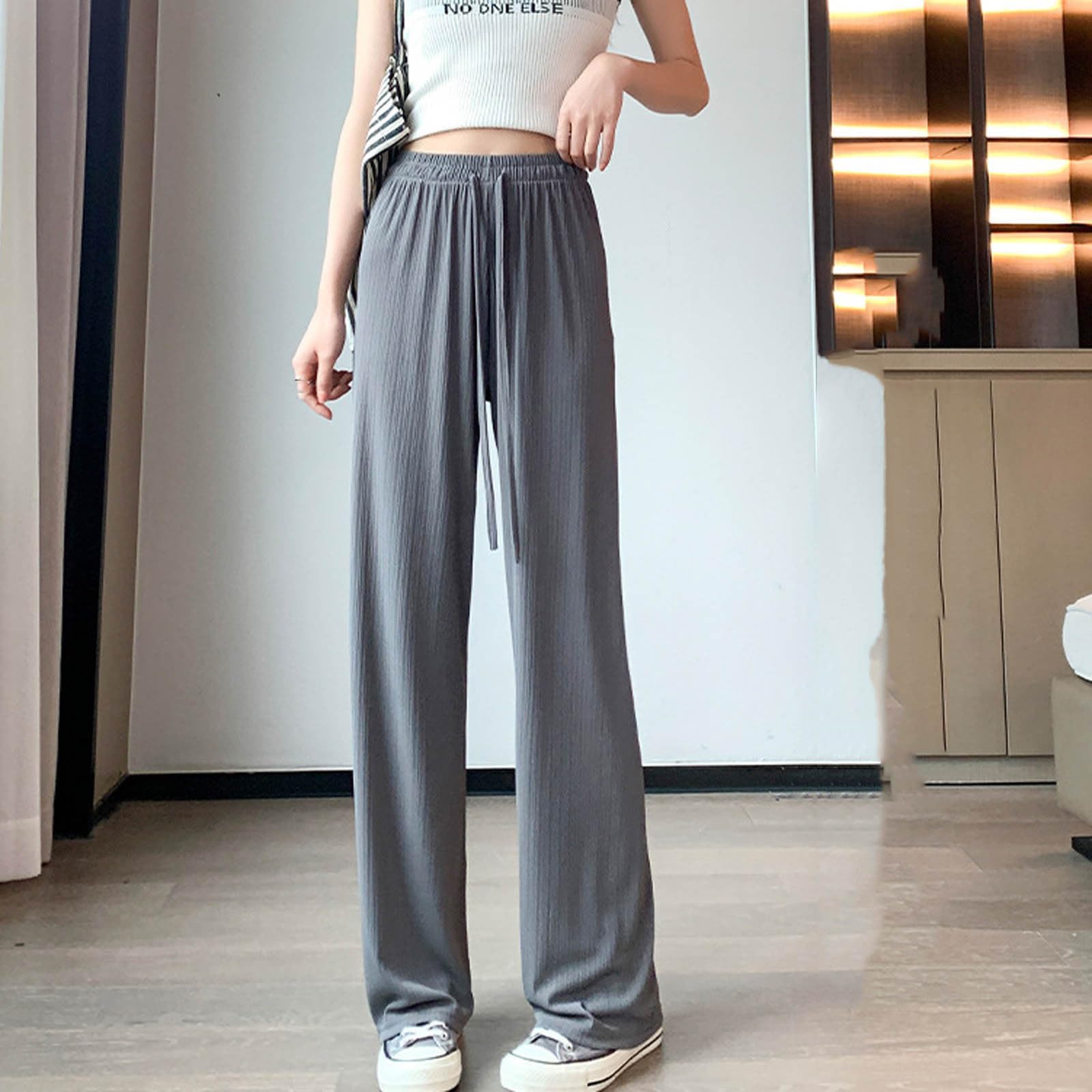 Womens Summer Ice Silk Pants Drawstring High Waist Wide Leg Casual Trouser Loose Lightweight Sweatpants with Pockets(Gray,Large)