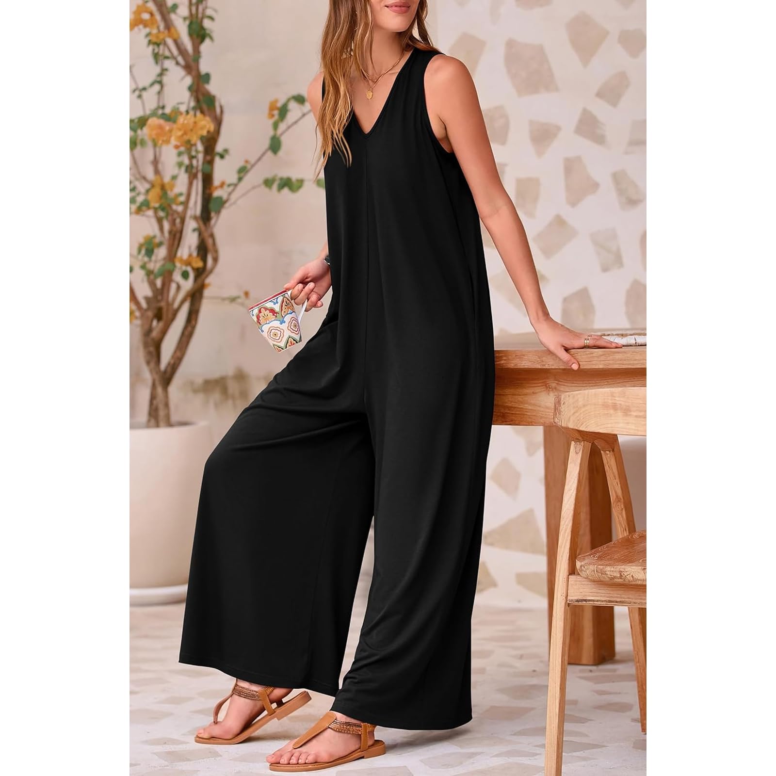 Mono Mujer Jumpsuit Sin Mangas Largo Pierna Ancha Pantalón Rompers Verano Tirantes Anchos Overol Cuello en V