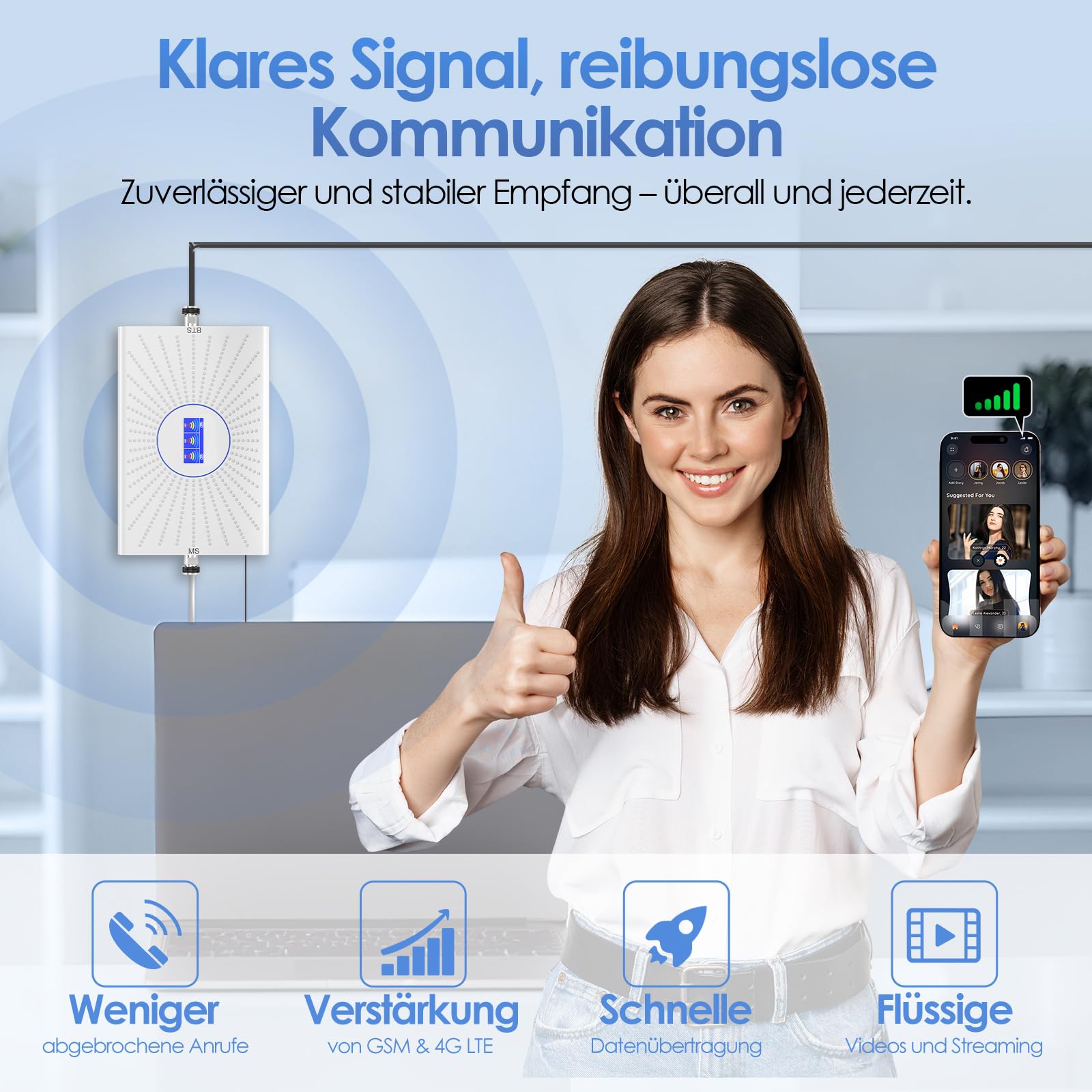 Handy Signalverstärker für Haus Mobilfunkverstärker 900/1800/2100MHz GSM LTE Repeater für Telekom Vodafone O2 70dB DREI-Band-Verstärker mit Yagi Außenantenne LCD-Anzeige für Home Office