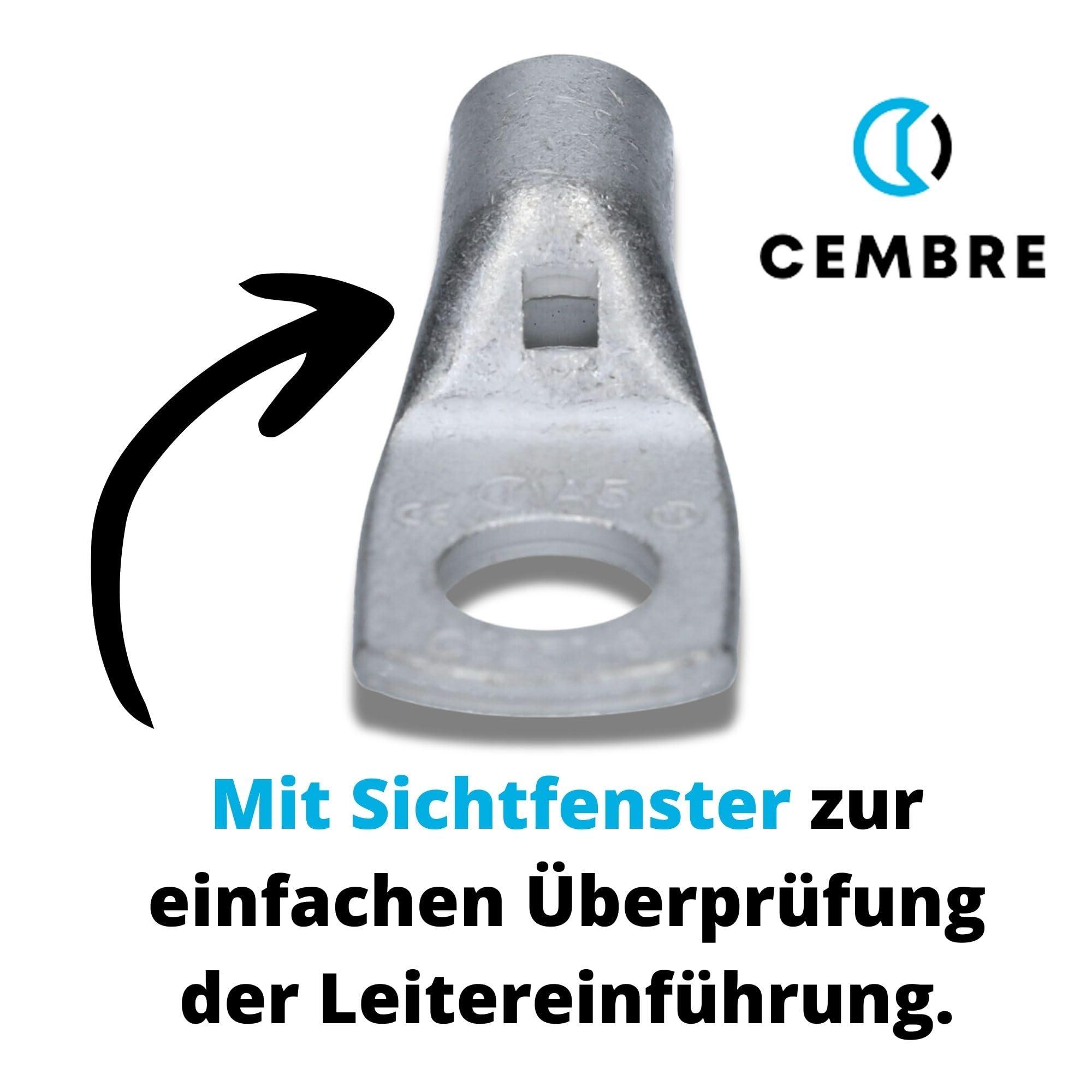 Kalitec Cembre A5-M8 10x Cosses Tubulaires 25 mm² M8 en Cuivre Étamé | Connecteurs de câbles non isolés avec fenêtre de contrôle pour installations électriques, industrie et secteur automobile.
