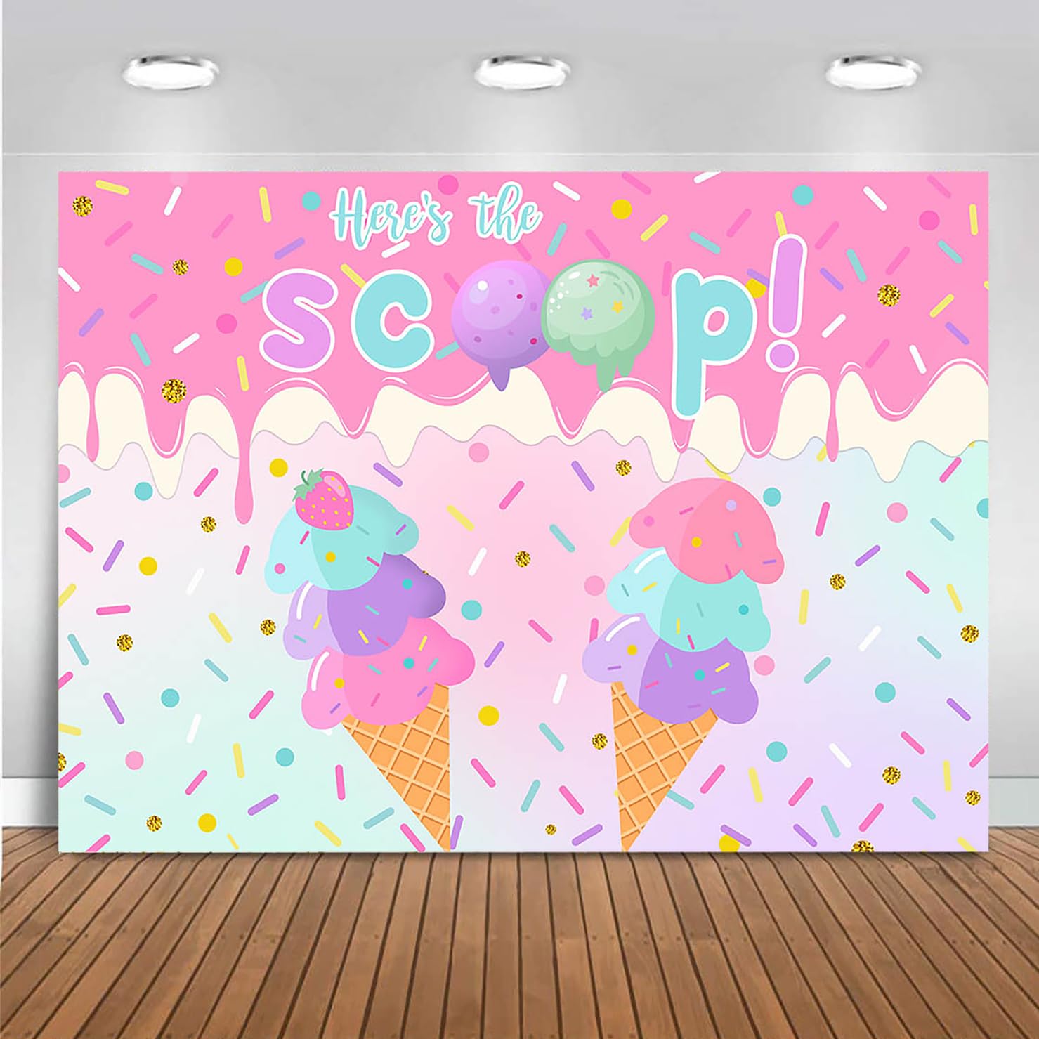 Mocsicka Ice Cream Backdrop for Birthday Party Donut Sweet One Sprinkles Birthday Decorations Doughnut Here's The Scoop Ice Cream Sweeet Cake Table