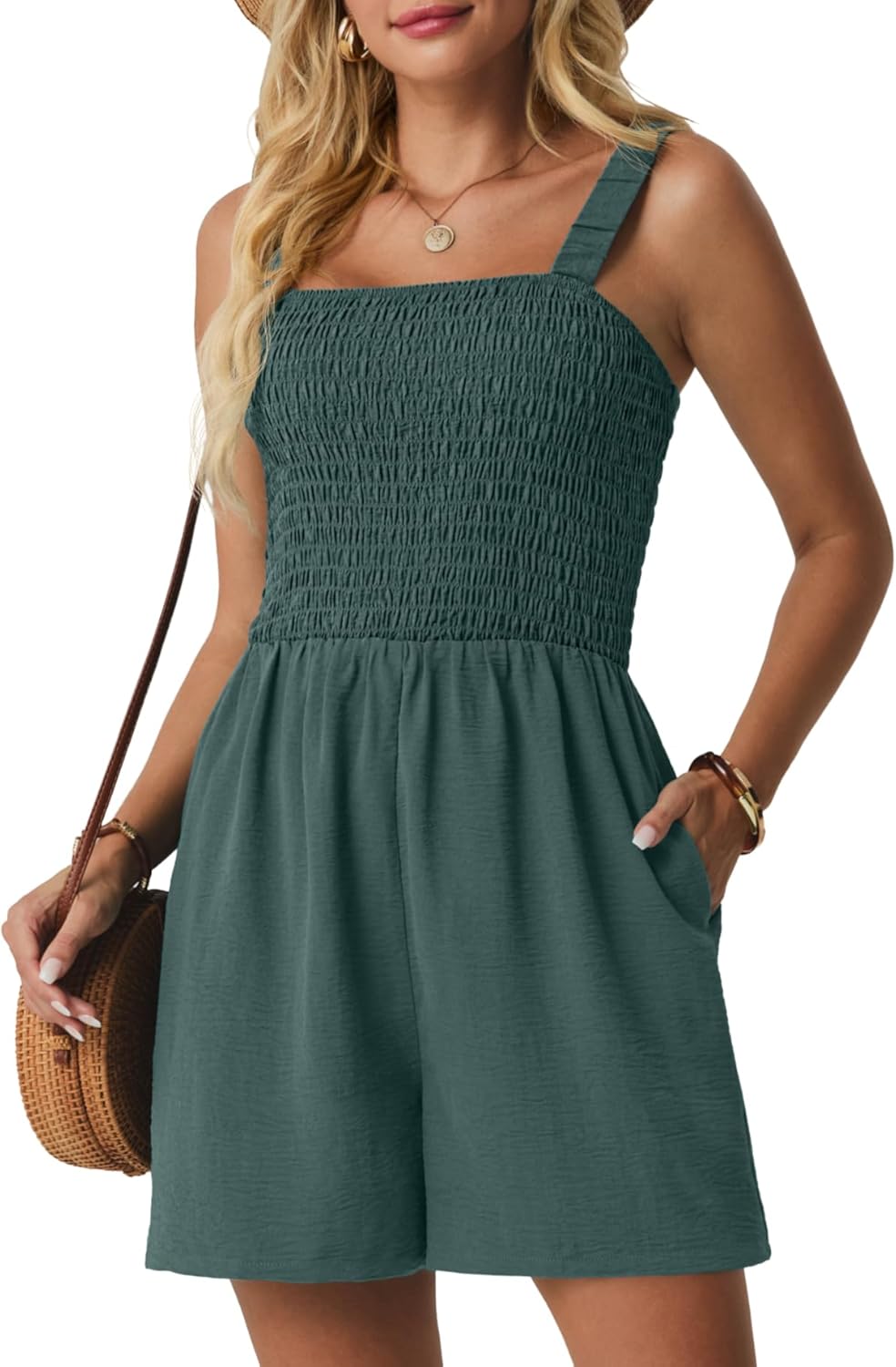 Lepunuo Womens Rompers for Summer Casual Smocked Jumpers Overalls Square Neck Jumpsuits with Pockets Beach Vacation