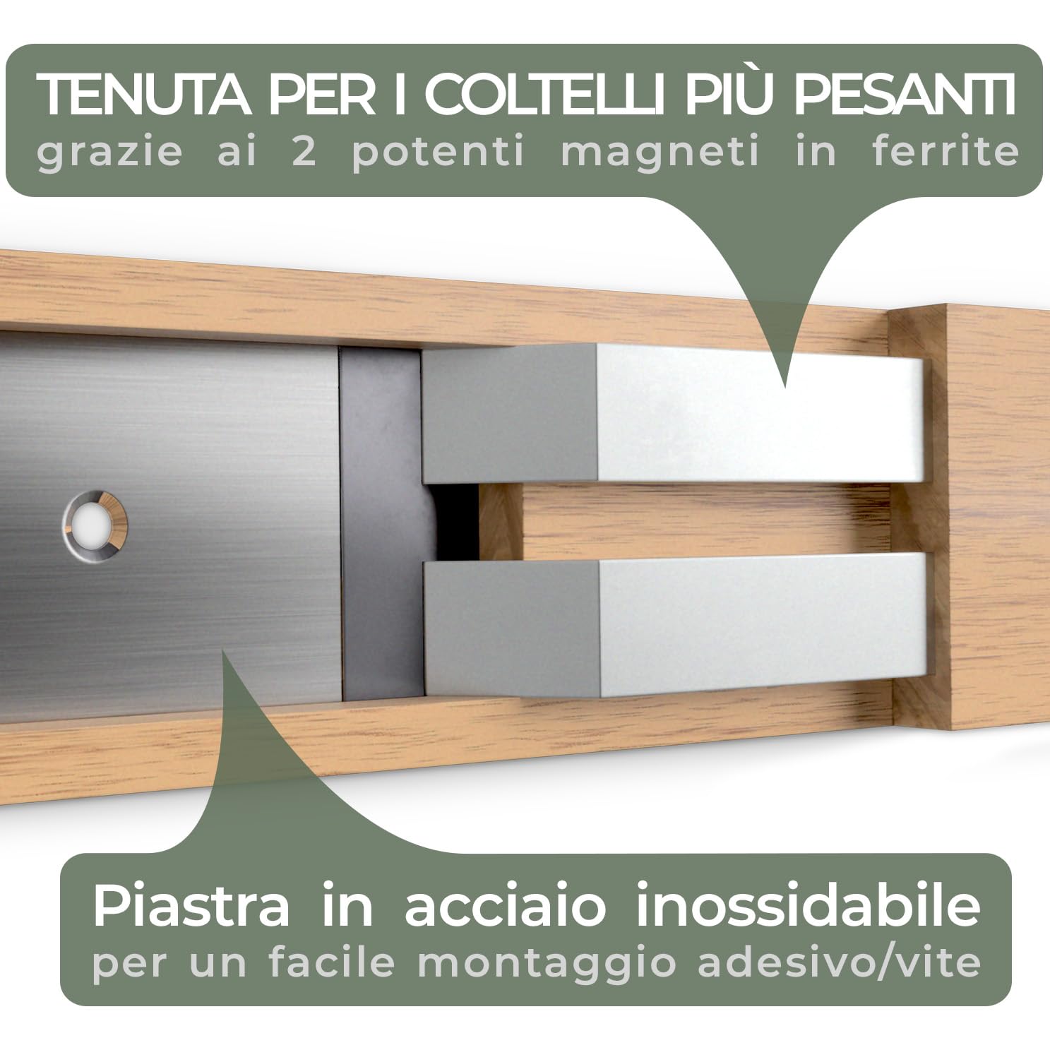 Barra Magnetica Per Coltelli In Legno Di Quercia - 40x5cm, Tenuta Forte - Montaggio A Parete Con Colla O Viti - Foto 9