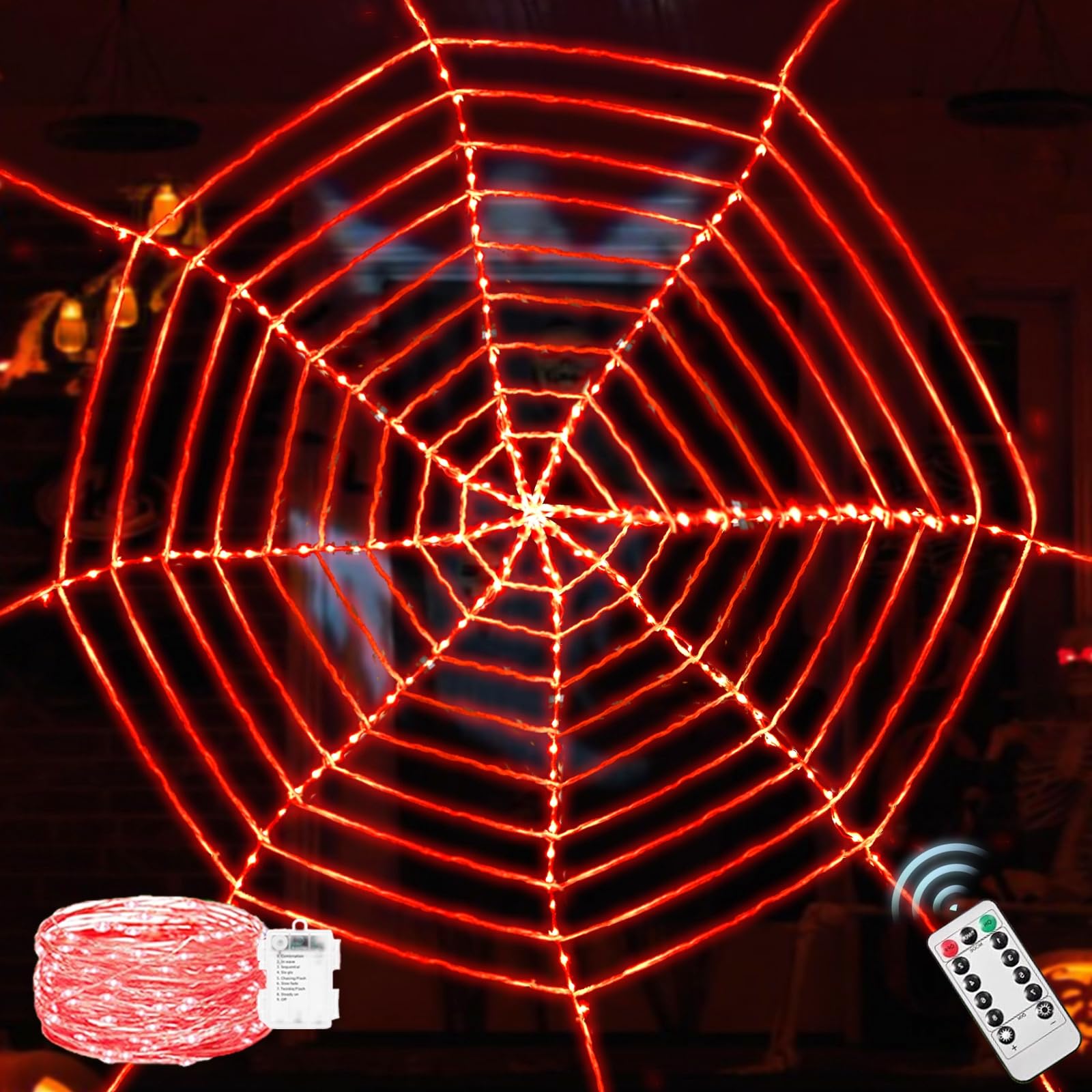 Maxee 114 LED Halloween Spider Web Lights Decor, 3.6 m Giant Round Net Lights with Remote Control (8 Modes & Timer), Net Light Decoration for Window Garden Indoor Outdoor - Red,D
