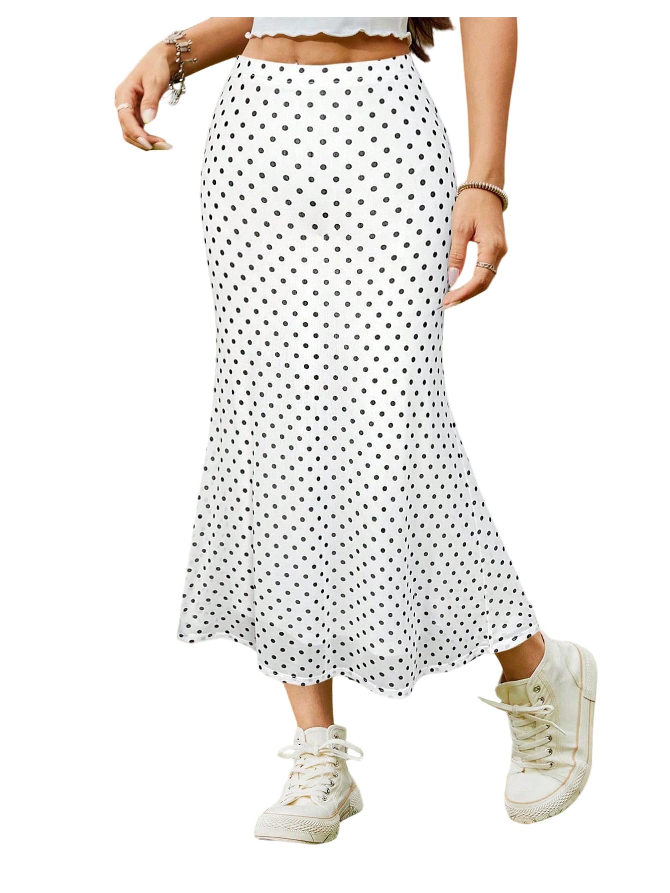 WDIRARA Womens Polka Dots Fishtail Midi Skirt Elastic Waist Ruffle Hem Mesh Bodycon Skirt