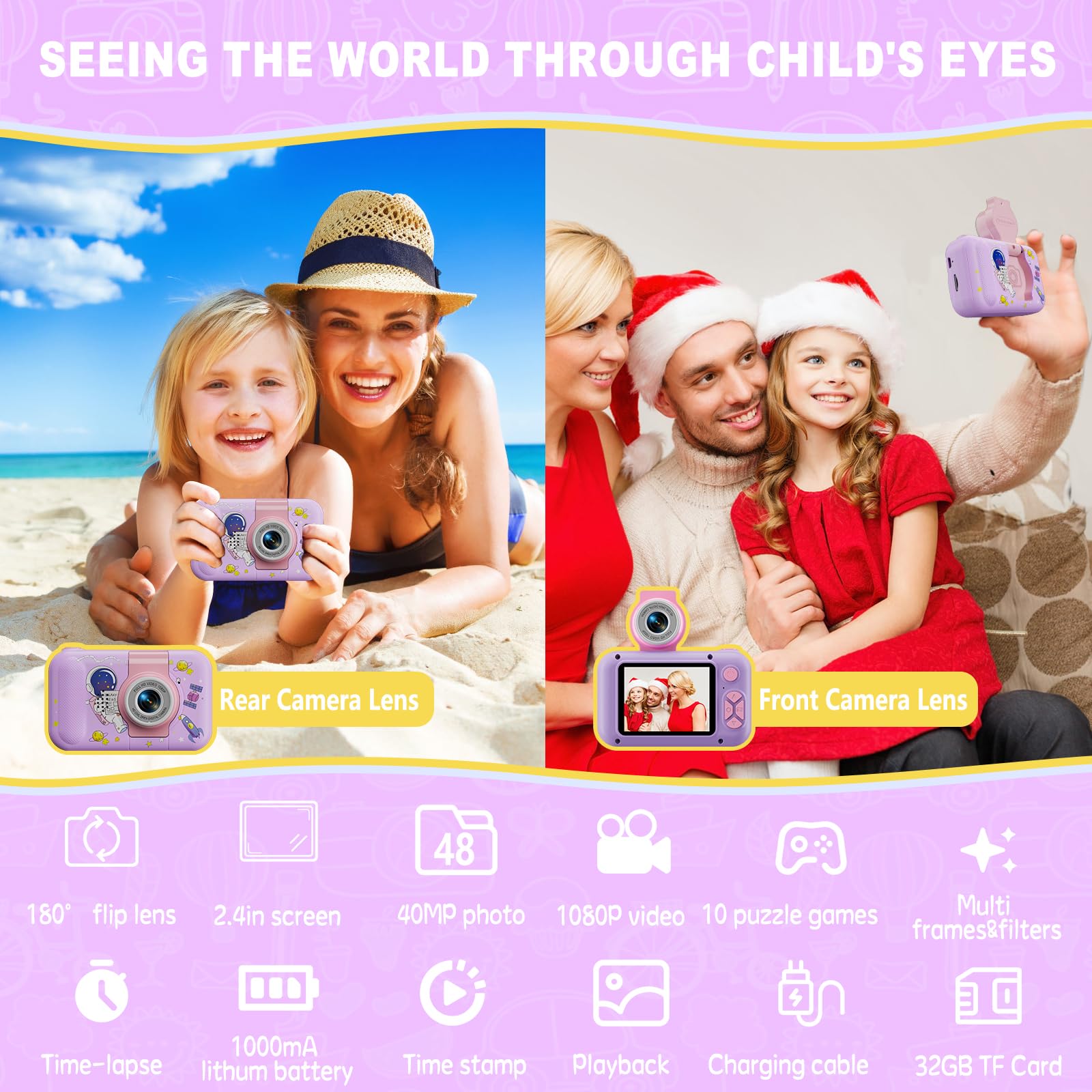 ARNSSIEN Giocattoli Fotocamera Bambini 3 4 5 6 7 8 9 10 11 12 anni Ragazze/Ragazzi, Macchina Fotografica Digitale, Regali Bambino Natale e compleanni,Fotocamera selfie per bambini con 32 GB,X101H