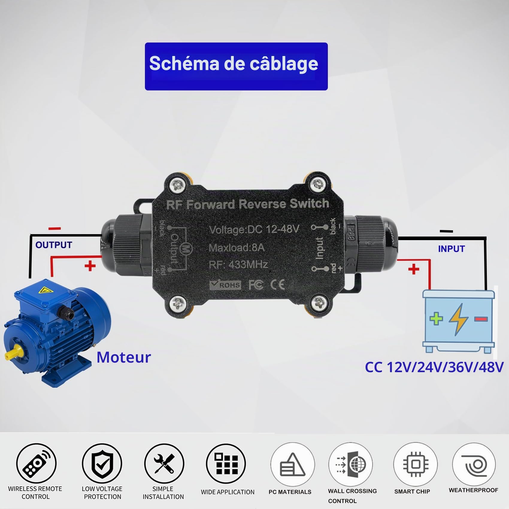 Télécommande sans fil pour moteurs, DC 12V/24V/48V/8A avec relais étanche, avant/arrière, portée de 50 m, humide/extérieur, moteurs, grues éoliennes, écran de projecteur, écran de projecteur