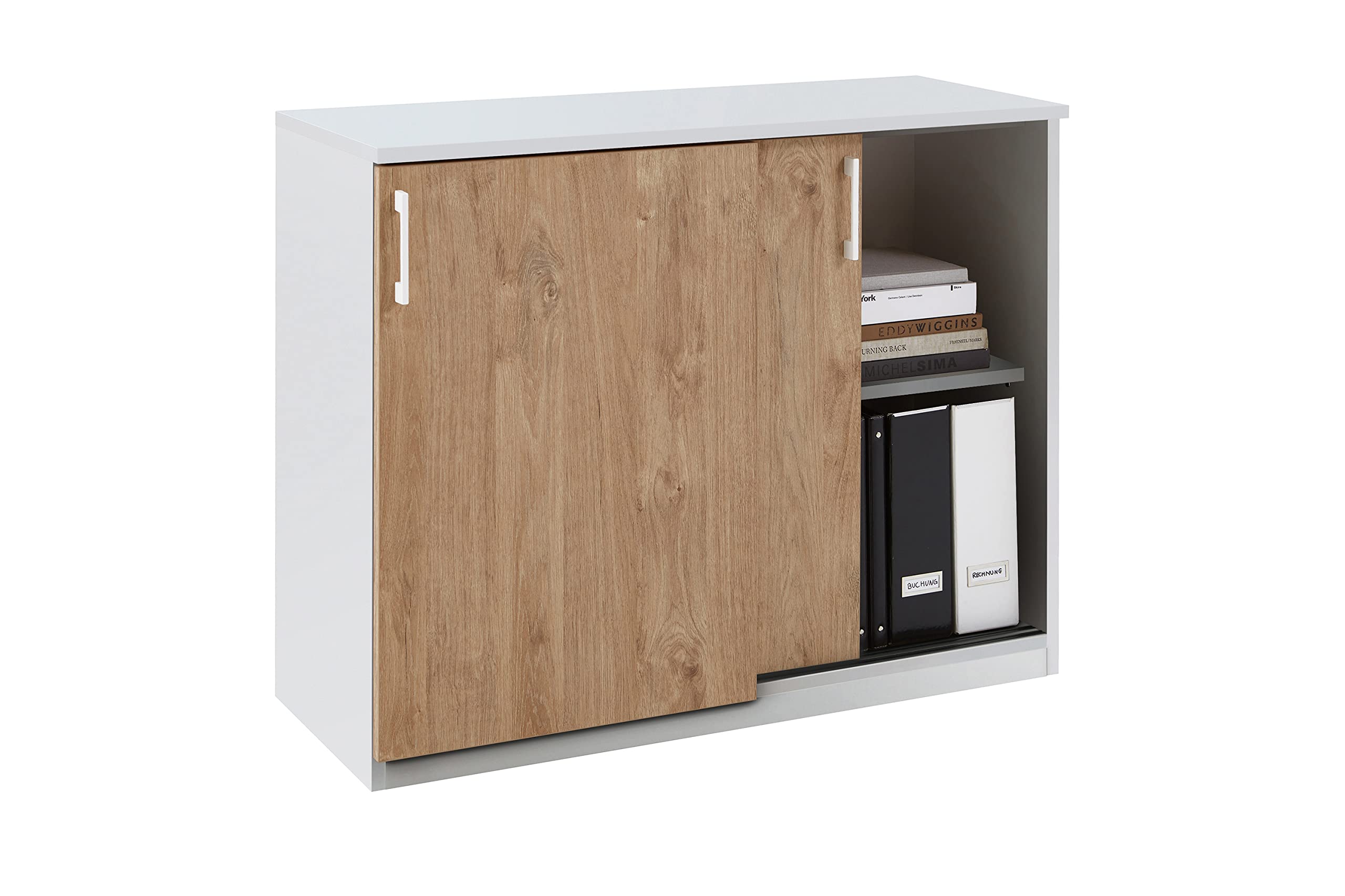 boho office® be.smart - Schiebetürenschrank mit 2 Türen und höhenverstellbaren Einlegeböden in weiß mit Front in Eiche und weißen Griffen