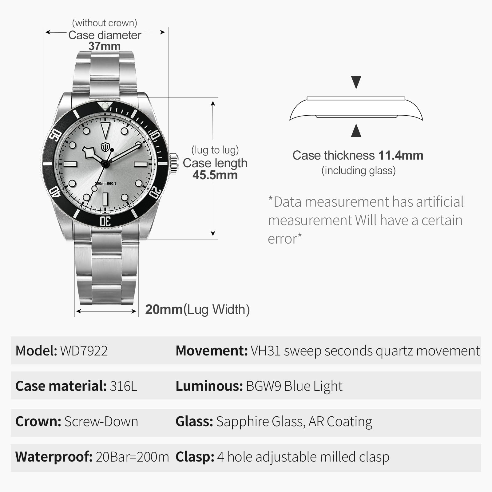 watchdives WD7922 BB54 Męski zegarek, VH31 Sweep Second Quartz Zegarki 37 mm Szafirowy Kryształ Luksusowy Zegarek Na Rękę 20 Bar Diver Zegarki dla Mężczyzn