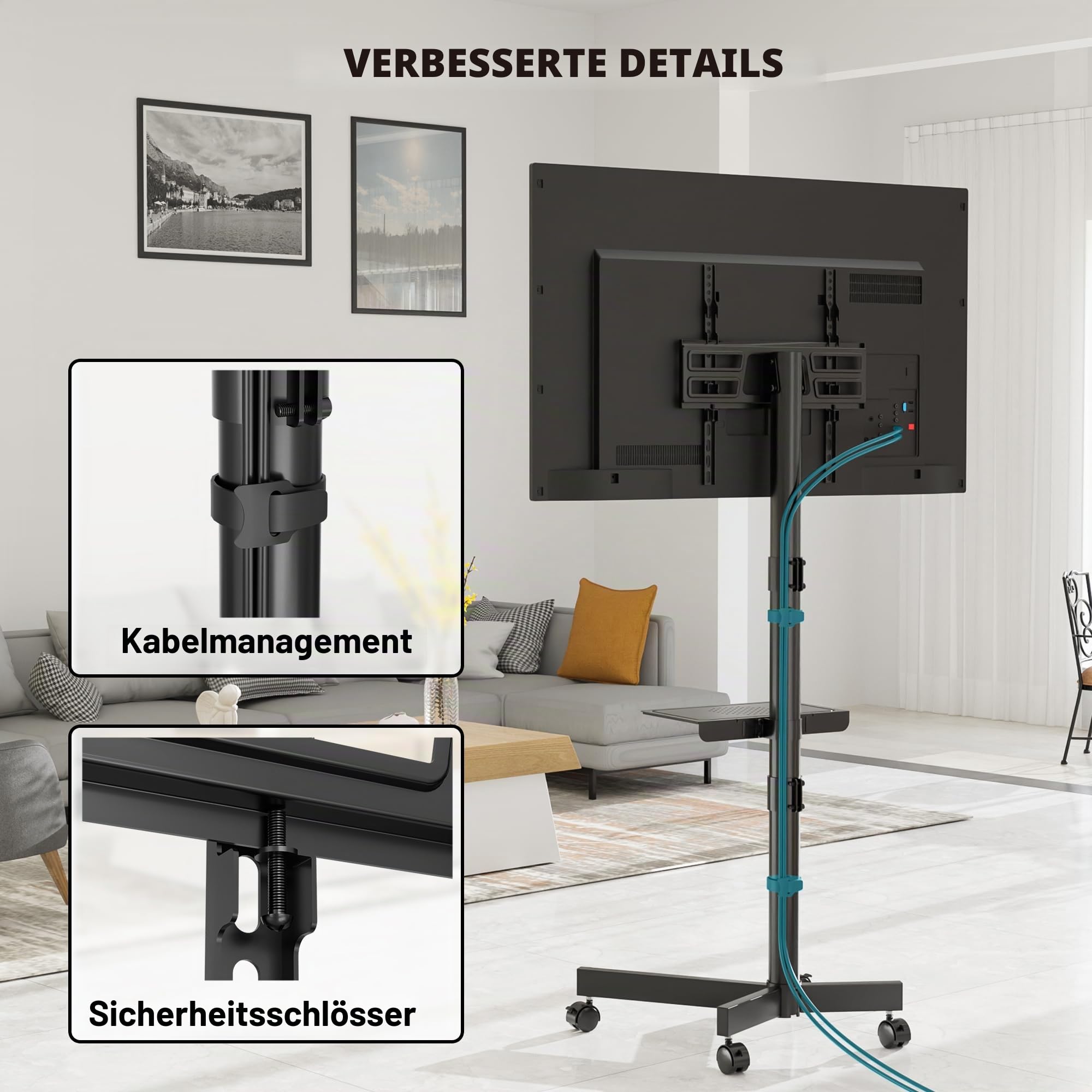BONTEC TV Ständer Rollbar für 24-60 Zoll LCD LED OLED, Max. VESA 400x400mm, bis 40 kg, Neigbar und Höhenverstellbarer Fernsehständer mit Rollen und Medienablage, Schwarz