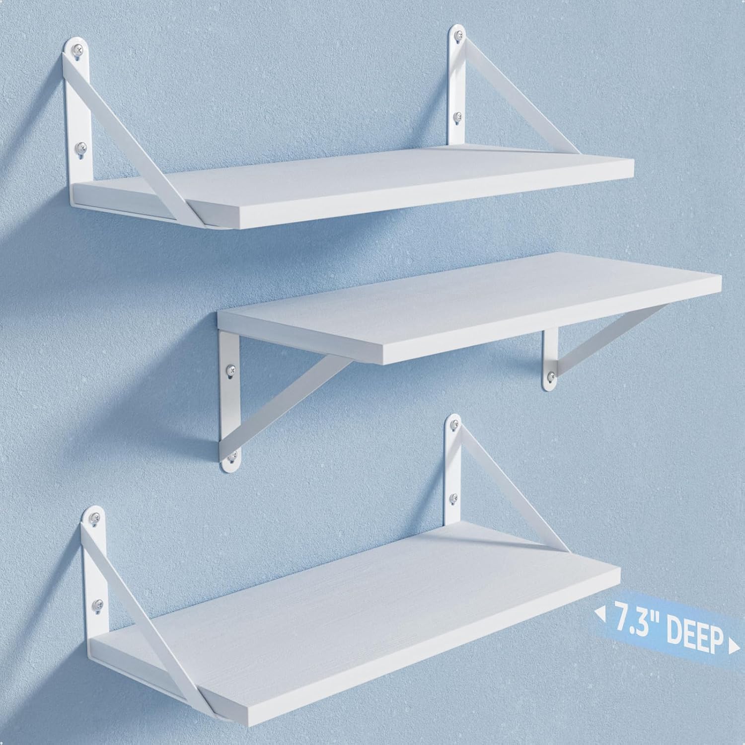 Wall Shelves 7.3″ Deep Set of 3, Solid Paulownia Wood Wider Longer Sturdy Easy to Install Wall Mounted Bookshelves Storage Shelves Bathroom Storage Office Laundry Room Bedroom Organizer White Wall Shelves 7.3″ Deep Set of 3, Solid Paulownia Wood Wider Longer Sturdy Easy to Install Wall Mounted Bookshelves Storage Shelves Bathroom Storage Office Laundry Room Bedroom Organizer White