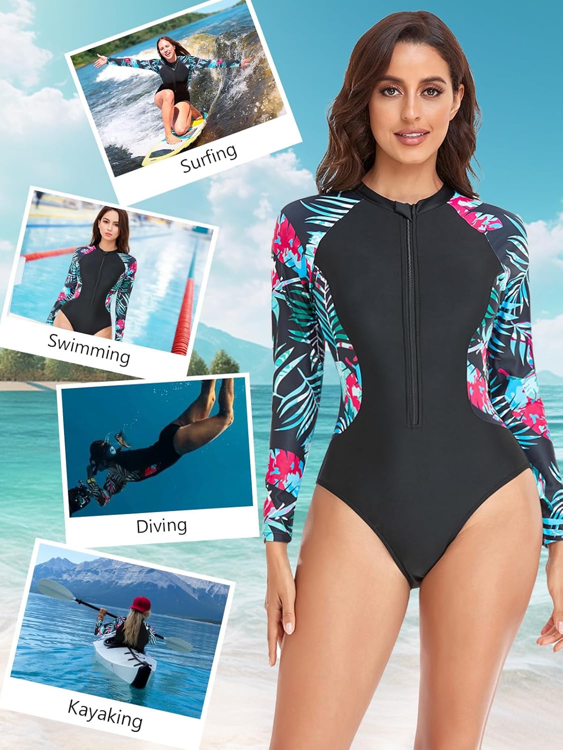 SHAPERIN Women's Long Sleeve Rash Guard UV UPF 50+ Sun Protection Zipper Printed Surfing One Piece Swimsuits Bathing Suit - Image 5