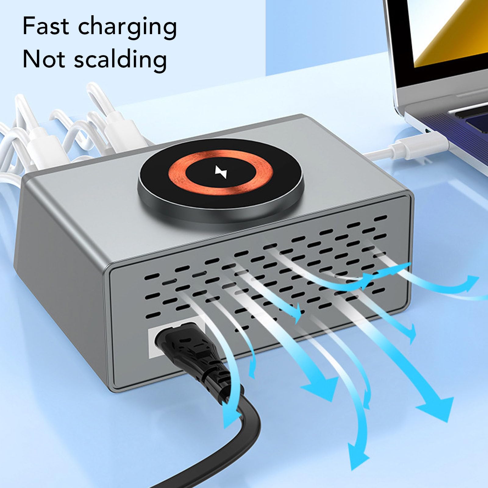 Fockety Stazione di ricarica USB, stazione di ricarica da tavolo a 8 porte da 140W con caricatore wireless, supporta la ricarica di 9 dispositivi contemporaneamente, per telefoni, (Spina europea)