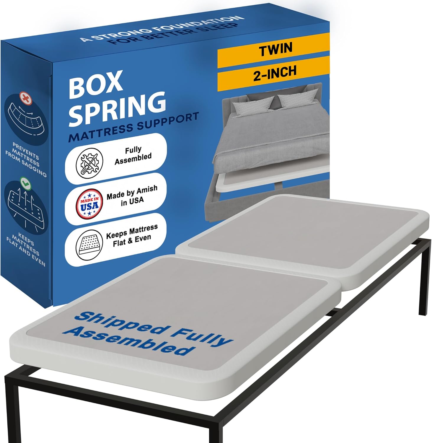 Greaton, Box Spring Bed Base Twin Size, 2-Inch Wood Amish Made in USA  Quiet Noise Free, 2-Pieces Under Mattress-Support BoxSpring, Fully Assembled, White, 2" Foundation