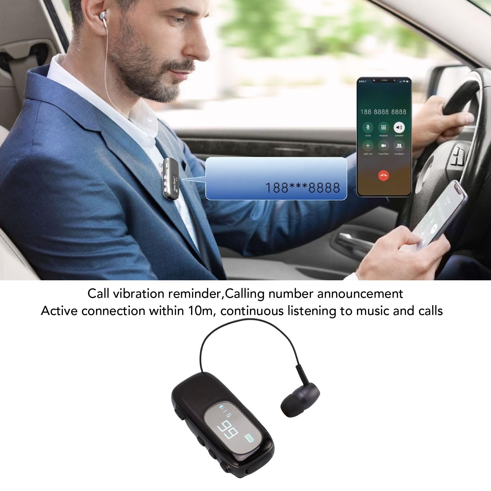 Zunate Auricolare Bluetooth con Clip e Display LCD |Auricolare Wireless Retrattile a Mani Libere per la Guida per Uso Aziendale (#1)