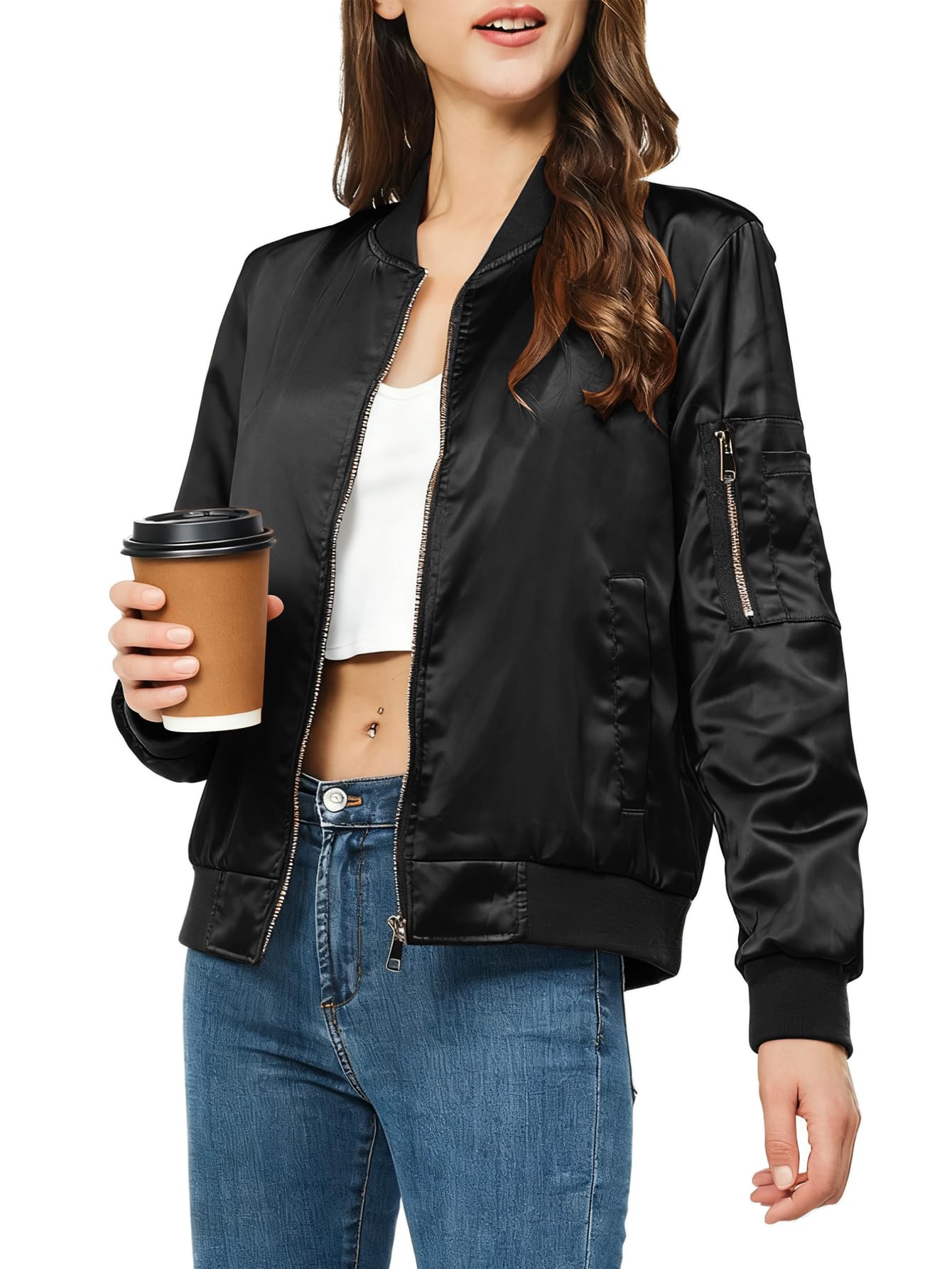 Rasujie Satin Bomber Jacket Women Zip Up Varsity Jacket Fall Windbreaker Outerwear with Pockets