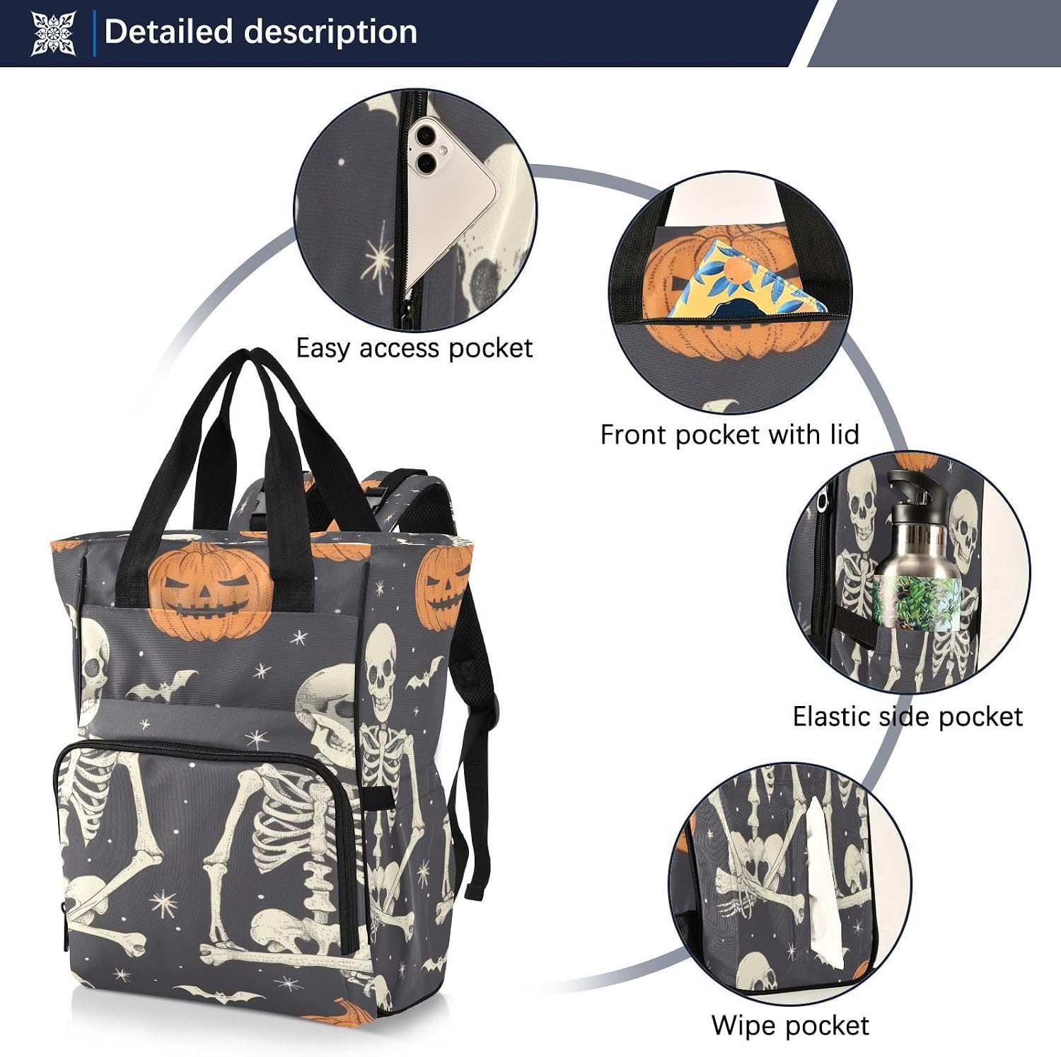 Diaper Bag Backpack, Halloween Skeleton Baby Diaper Bag - Waterproof Multifunction Travel Diaper Bag with Pacifier Case, Stroller Straps & Insulated Pocket - Unisex