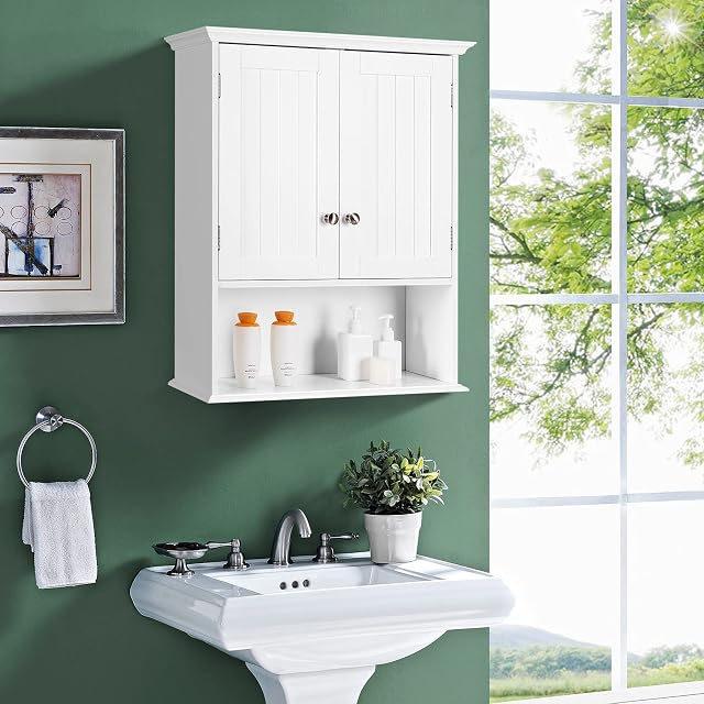 COSTWAY Bathroom Wall Cabinet, Wooden Storage Cupboard with Double Door, Adjustable Shelf and Compartment, Wall Mounted Medicine Cabinet for Living Room Kitchen Hallway (White, with Metal Handles)