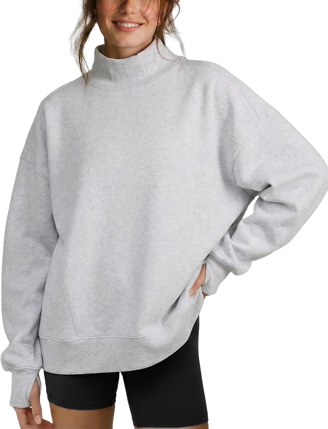 Wyeysyt Women's Mock Neck Sweatshirt Oversized Cloud Fleece Lined Turtleneck Sweatshirts with Pockets