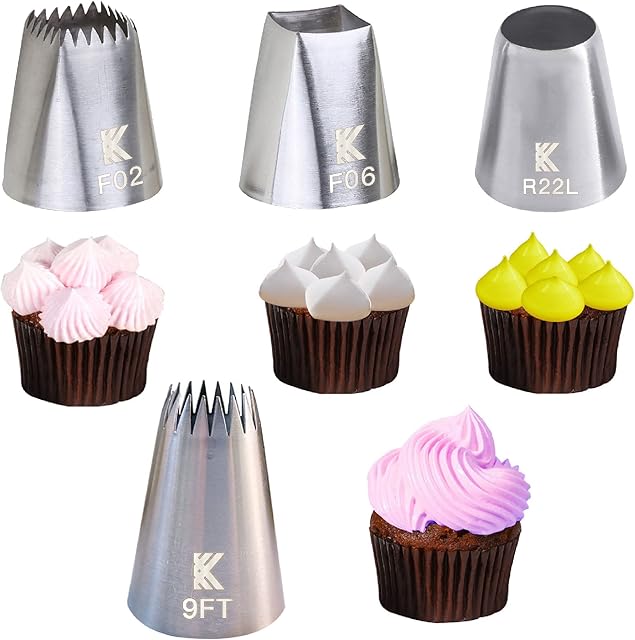 Kalane Extra Large Stainless Steel Icing Piping Nozzle Tip Set for Baking and Cake Cupcake Cookie Decorating F06 F02 R22L 9FT Stars Shells in a Box