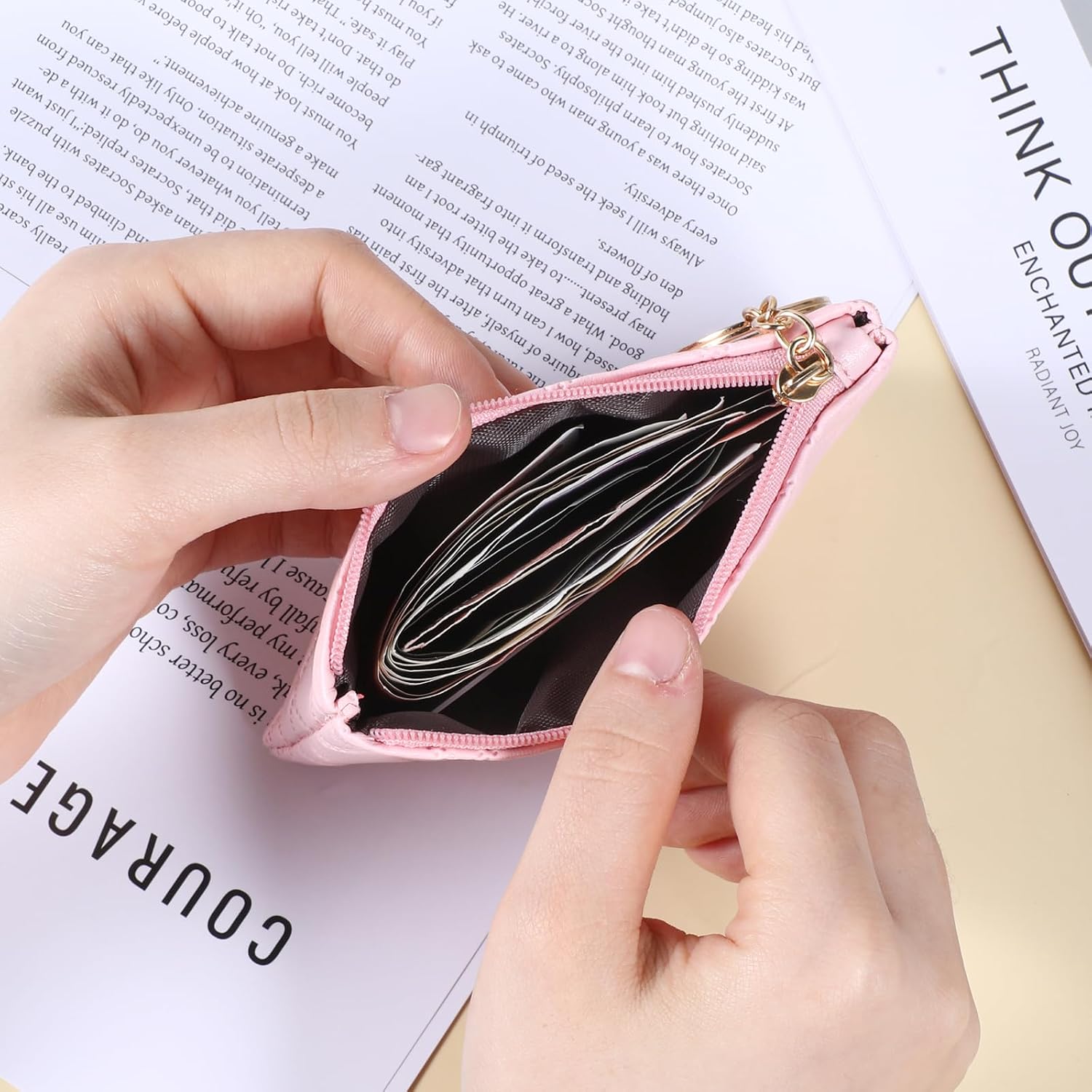 2 Pack Leather Zipper Coin Purse, Portable Change Wallet, Coin Pouch with Zipper for Men Women, Small Pouch Change Purse Coins Bag, Mini Coins Pocket Pouches with Keychain(Pink, Black)