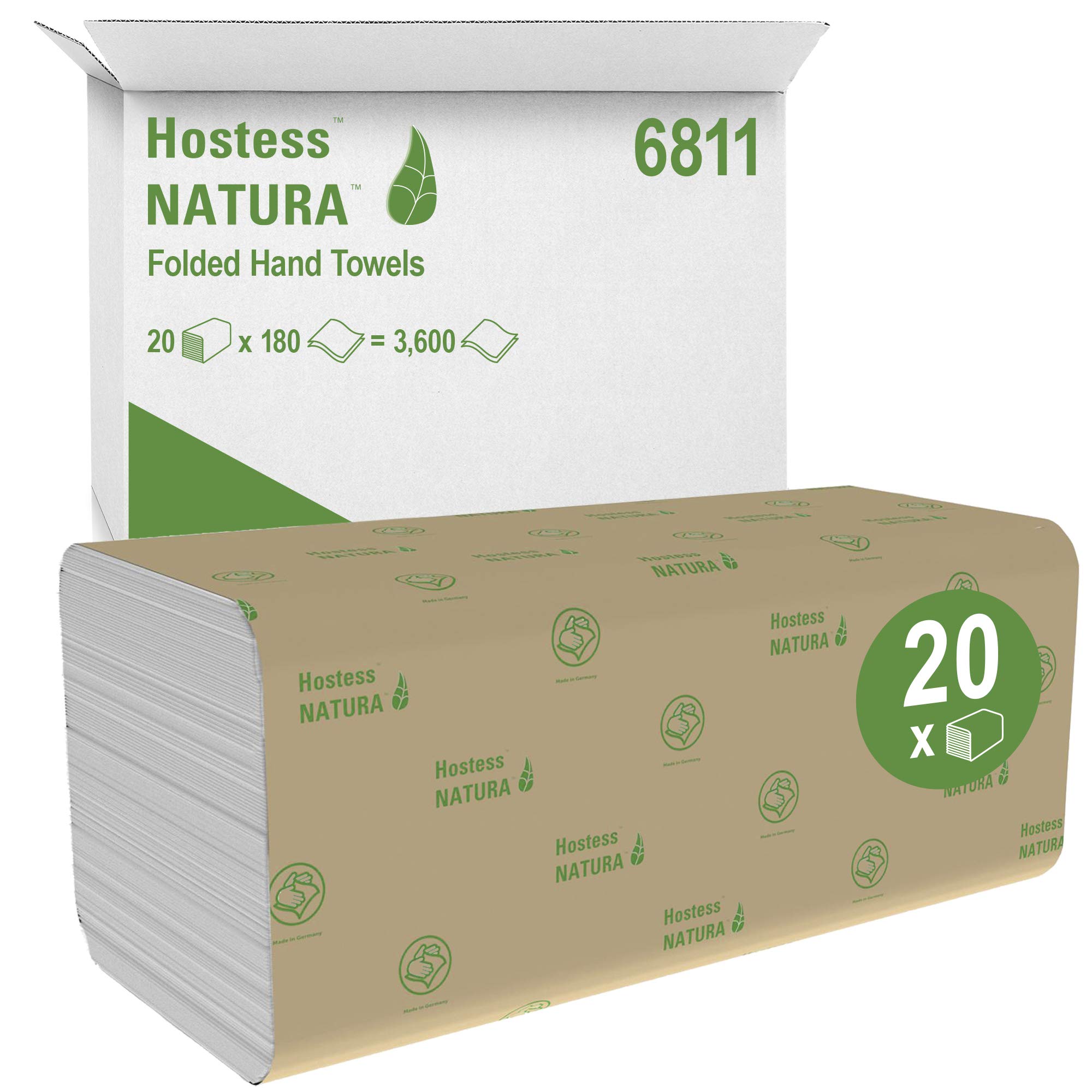 Hostess Natura Toallas Secamanos 6811, Interplegadas, 2 Capas, Absorbentes y Resistentes, 20 Paquetes x 180 Toallas de Papel Blancas (3.600 total)