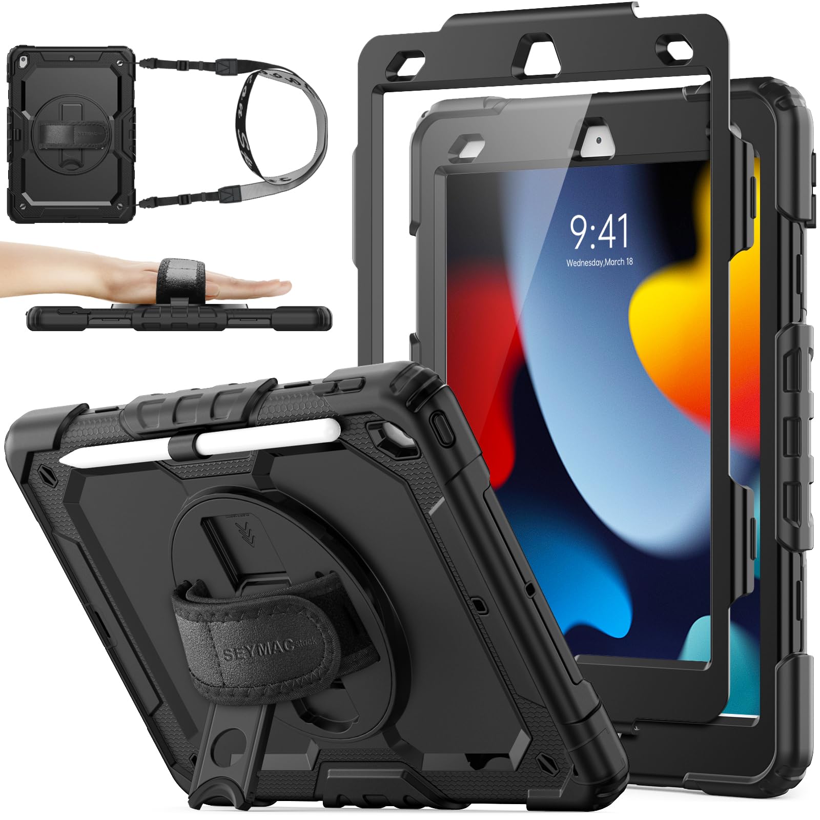 SEYMAC stock Hülle für iPad 9./8./7. Generation 10,2 Zoll 2021/2020/2019, Stoßfeste Hülle mit Displayschutzfolie, 360 Drehbarer Ständer/Handschlaufe, Stifthalter & Schultergurt, Schwarz