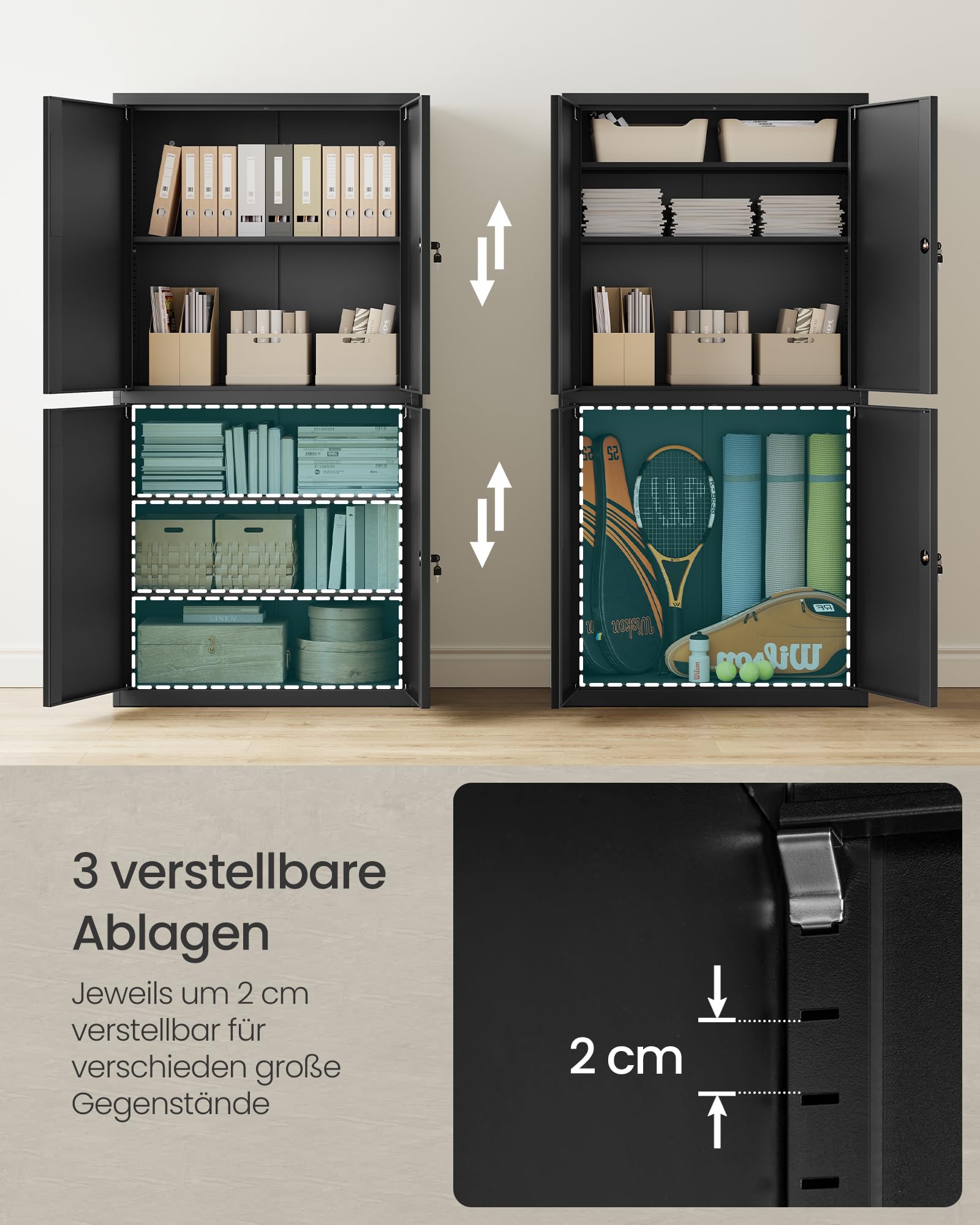 SONGMICS Aktenschrank, Mehrzweckschrank, Büroschrank, mit 4 Türen und 5 Ebenen, 40 x 80 x 180 cm, 2 Schlösser, verstellbare Ablagen, Aufbewahrungsschrank aus Stahl, Mattschwarz OMC016B01
