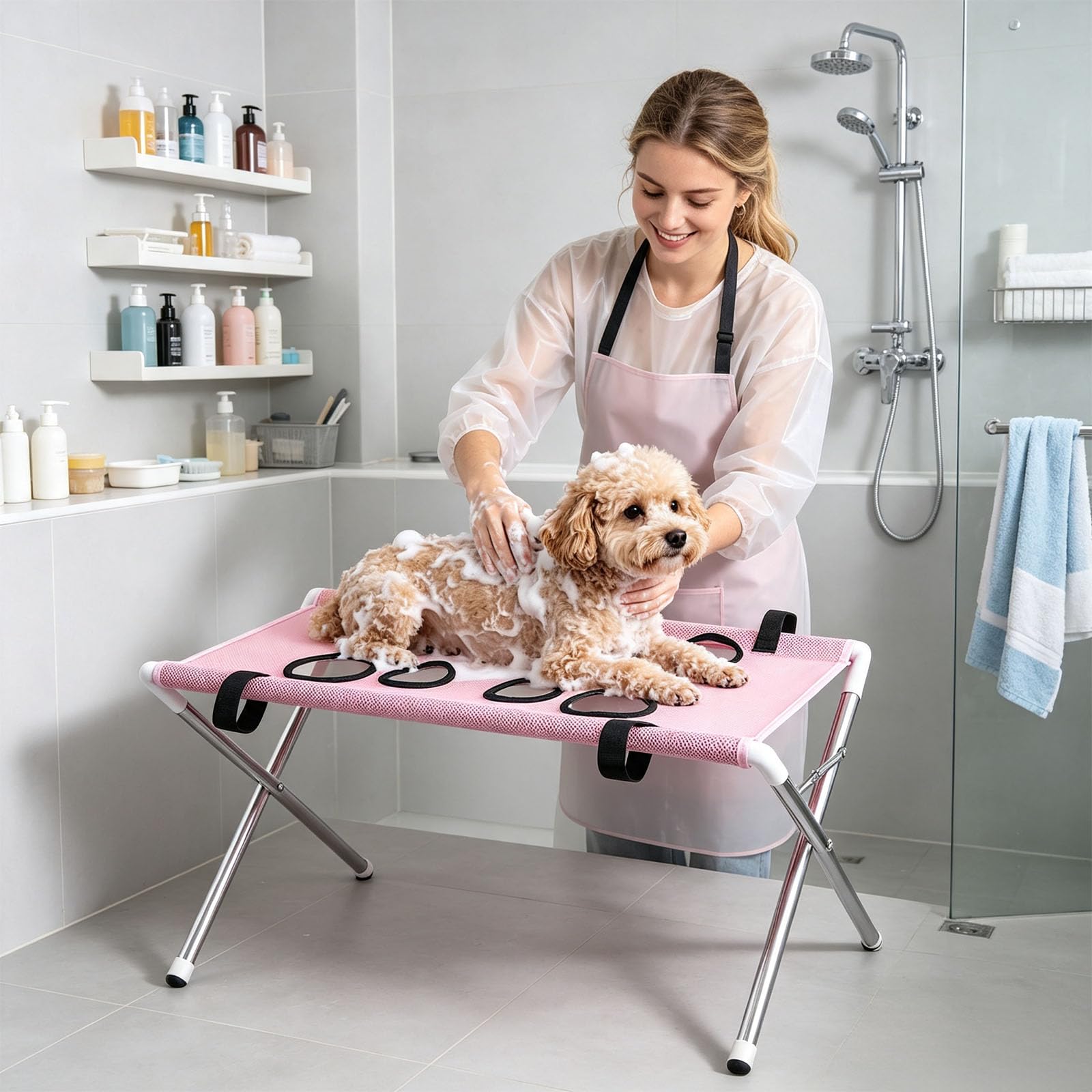 Hundepflege-Hängematte – kratzfestes Netzgewebe mit 8 Löchern zum Aufhängen, Verstellbares -Badegeschirr zum Krallenschneiden Katzenpflege-Hängematte mit Gestell Hängematte Zur Tierpflege für Geschirr