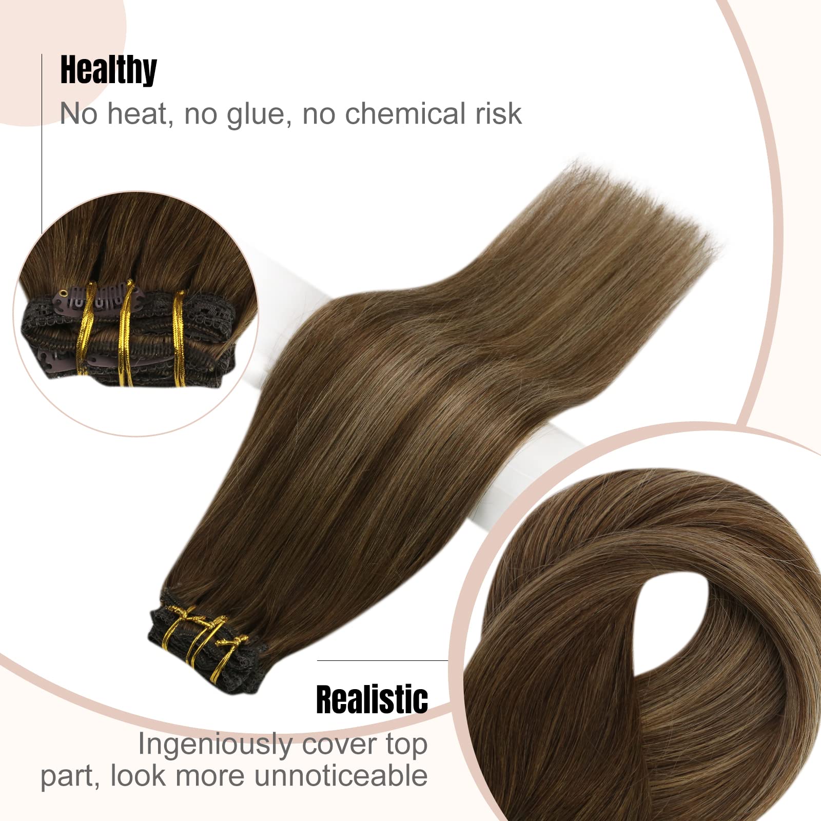 Fshine Extension Clip in Capelli Veri Lisci 50CM 120g Capelli Lunghi Extension 7 Pezzi Capelli Colore Balayage 4 marrone cioccolato a 27 biondo caramello con 4 marroni Extension Clip in Human Hair