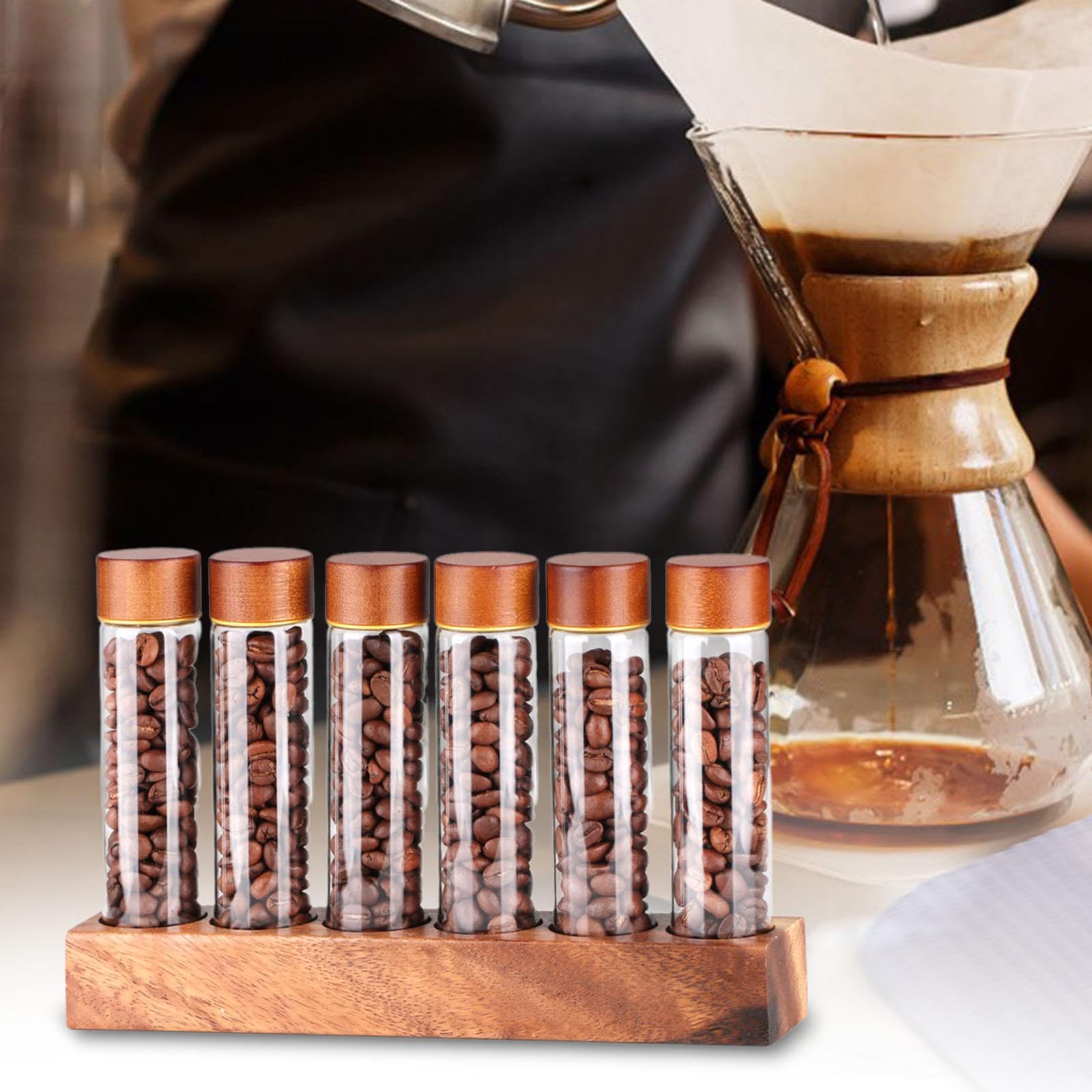 Reagenzglas für Kaffeebohnen, Aufbewahrungsröhrchen für Kaffeebohnen mit Deckel, Küchenbehälter für Kaffee mit Ablage für, 6 Löcher