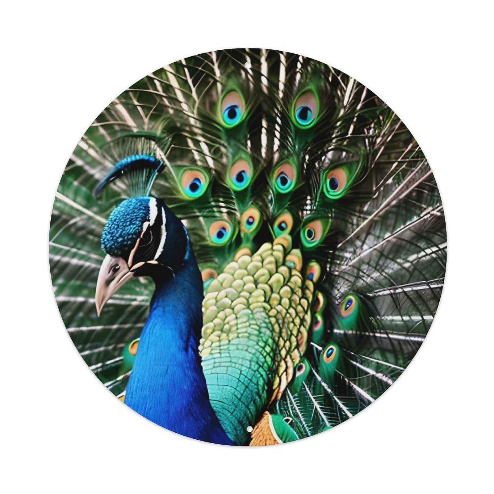 LZQPOEAS Peacock Round Aluminum Wall Art Sign, Metal Indoor Wall Decor with Holes, Durable Circular Aluminum Plaque for Home, Bar, Cafe, Living Room, And Office Decoration