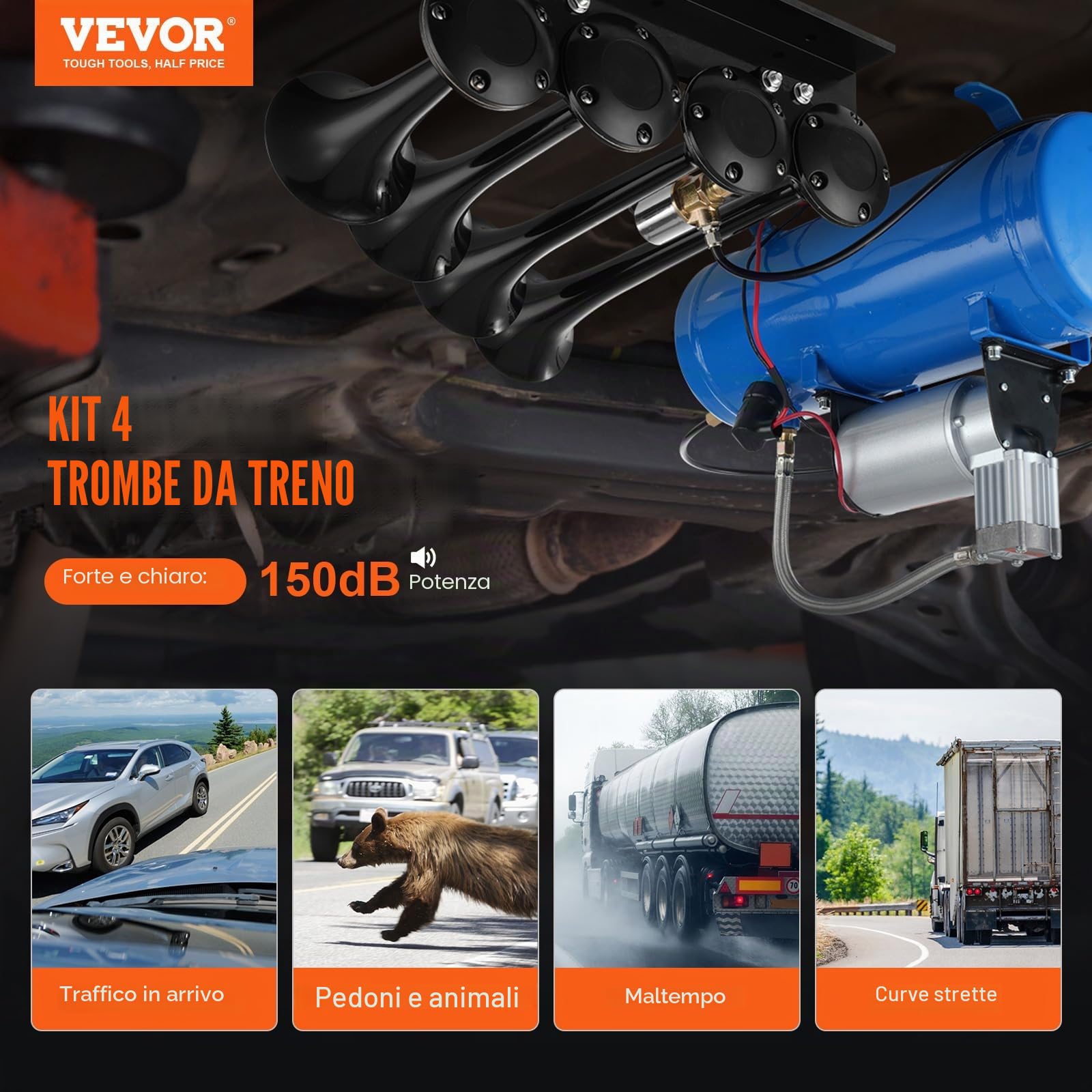 VEVOR Set Clacson da Camion Auto, Set da 4 Trombe Clacson 150 dB per Camioncini, Compressore d'Aria da 12V Pressione 120 PSI, Serbatoio 6 Litri con Manometro per Veicolo a 12V, Camion, Furgone, Barca