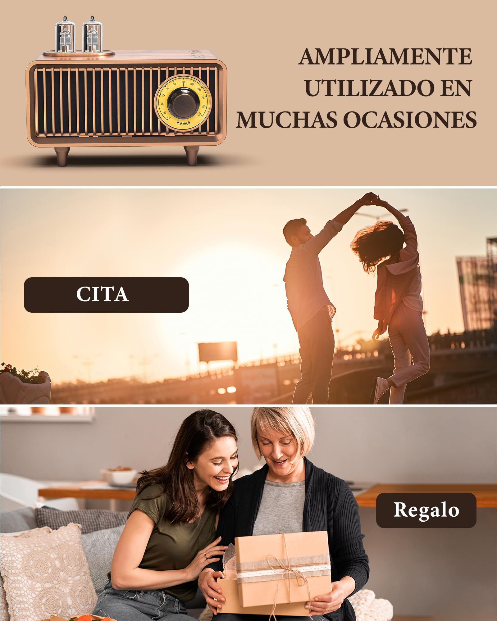 COLSUR Radio Vintage Retro Altavoz Bluetooth, Mini FM Recargable de 5W 1500Mh, Altavoz Sonido de Graves, Soporta la Entrada AUX, Transistor Radio para Cocina, Salón, Jardín