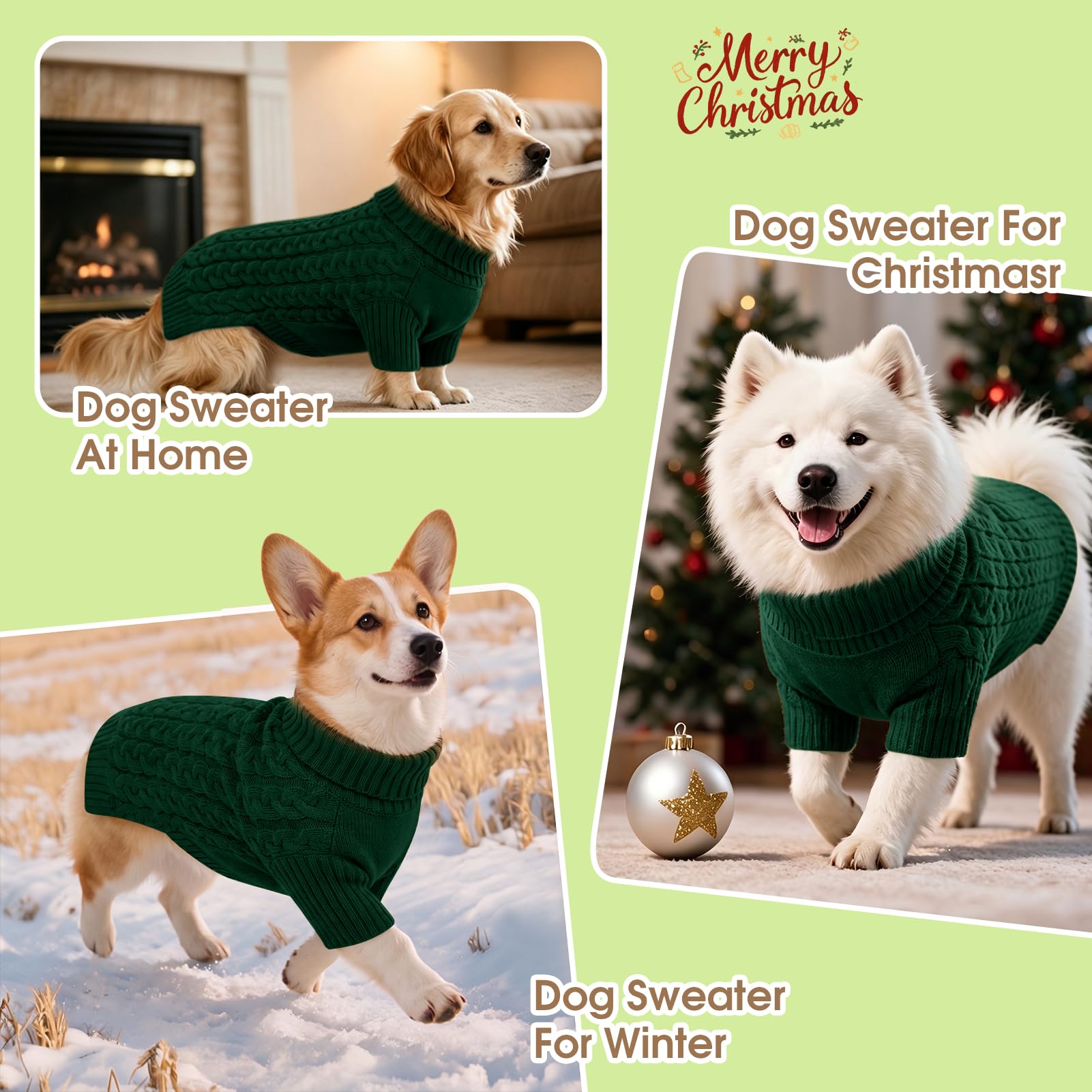 SAWMONG Hundepullover, Hundepullover für große Hunde, Mädchen und Jungen, Rollkragenpullover, gestricktes Hunde-Sweatshirt, Haustierkleidung für kaltes Wetter (Grün, Größe XXL