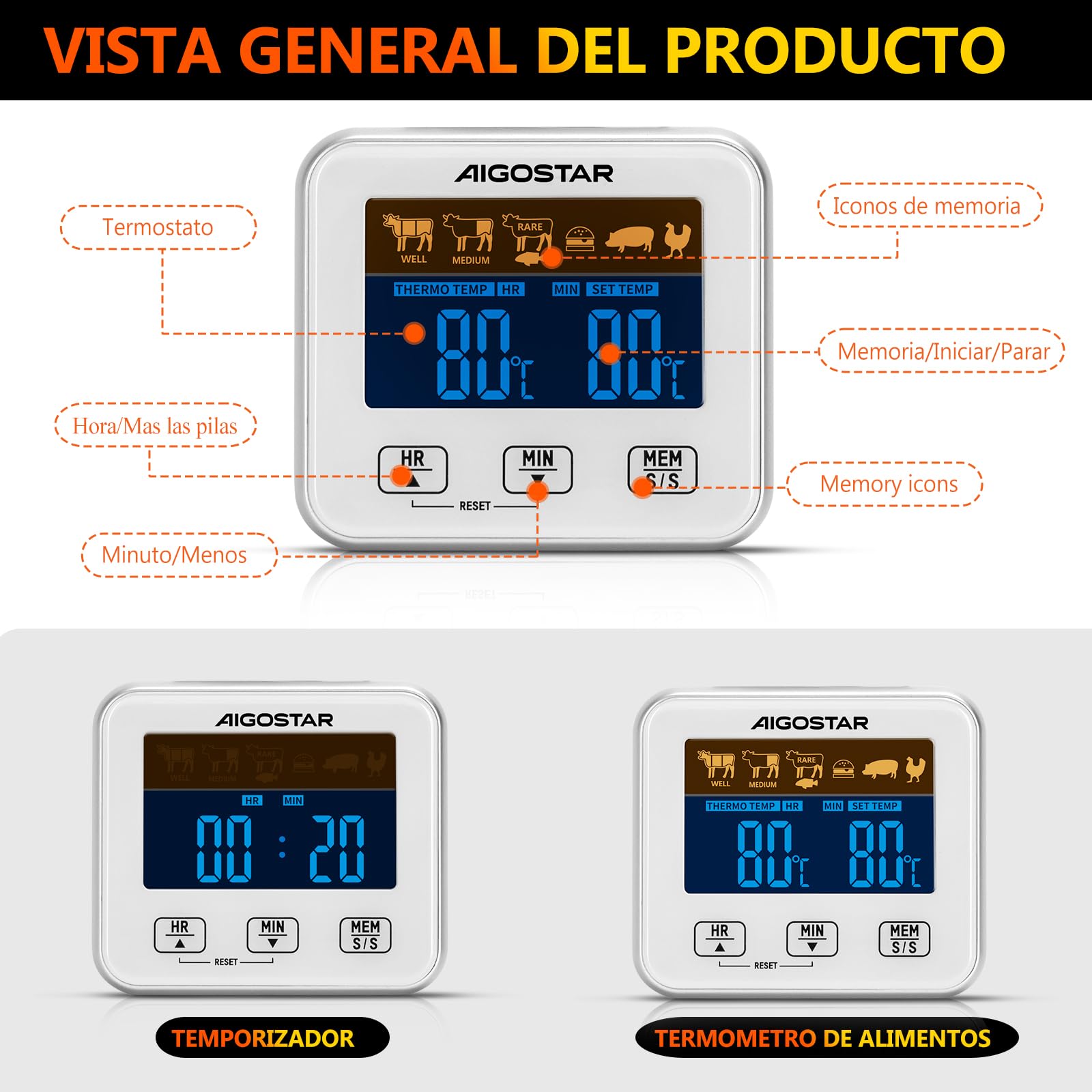 Aigostar Elliott - Termometro Cocina/Temporizador Cocina, Termómetro Digital de Cocina con Sonda y Temperatura Programable; Pantalla LCD, Objetivo con Alarma, Imanes de Fijación Para Horno.