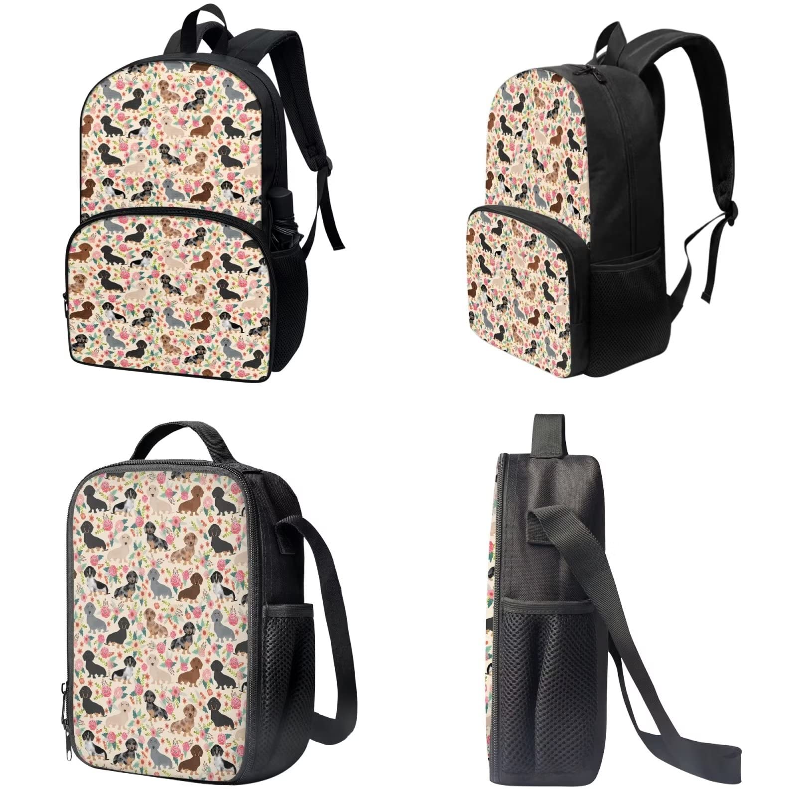 Poceacles Schultasche und Lunchbox-Set für Teenager, Jungen, Grundschule, Büchertasche, Federmäppchen für Grundschulkinder, Dackel-Blumenblüten, Einheitsgröße