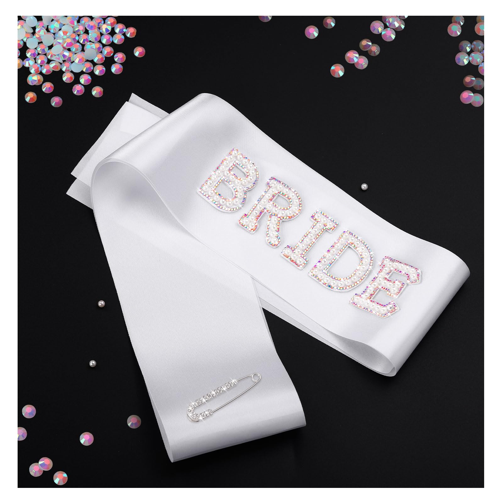 Etercycle Braut Sash Braut Band mit Weißen Perlen und Strass, Verstellbarer Sash mit Diamant Nadel, Brautgeschenk Brautdusche Junggesellinnenabschied Brautjungfer Geschenk Deko