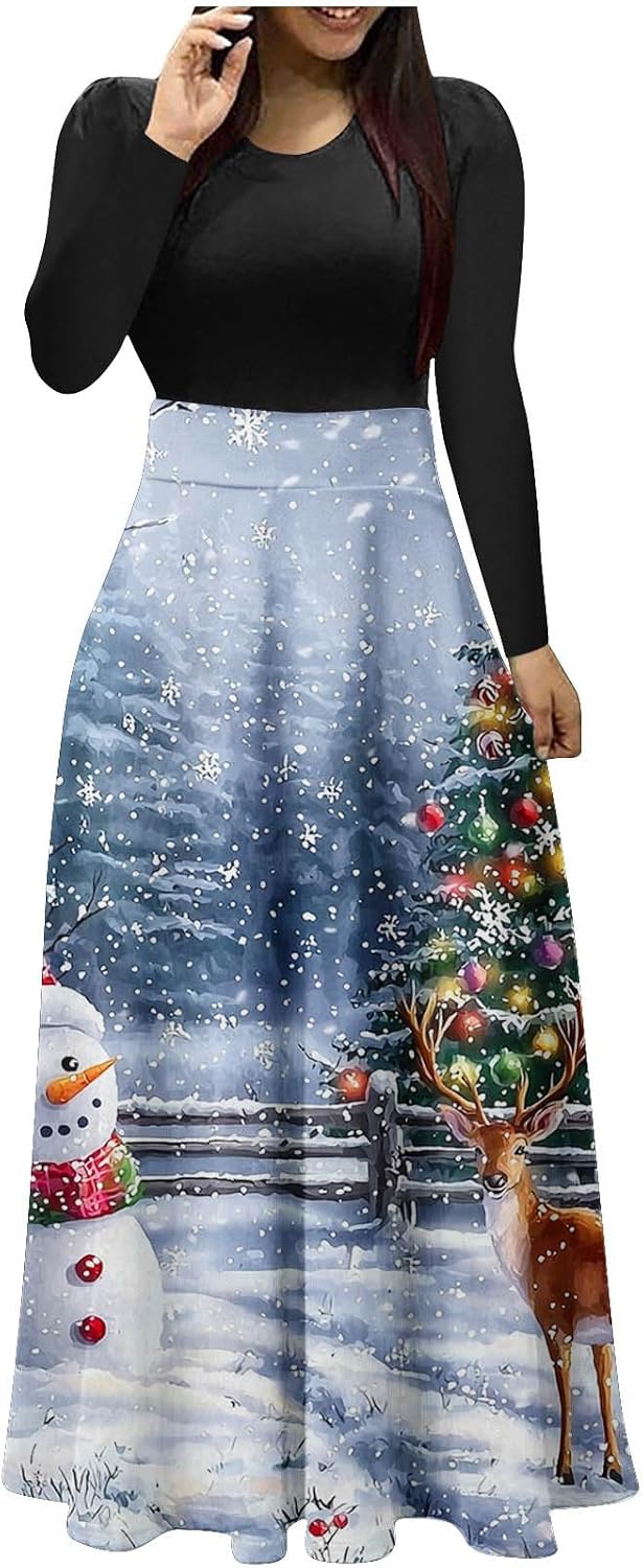 Womens Christmas Maxi Dresses Tree Star Long Sleeve High Waist Holiday Gown | Golden Ribbon Graphics and Scattered Celestial Details Form a Striking Festive Centerpiece across Flowing Full Length Skirt