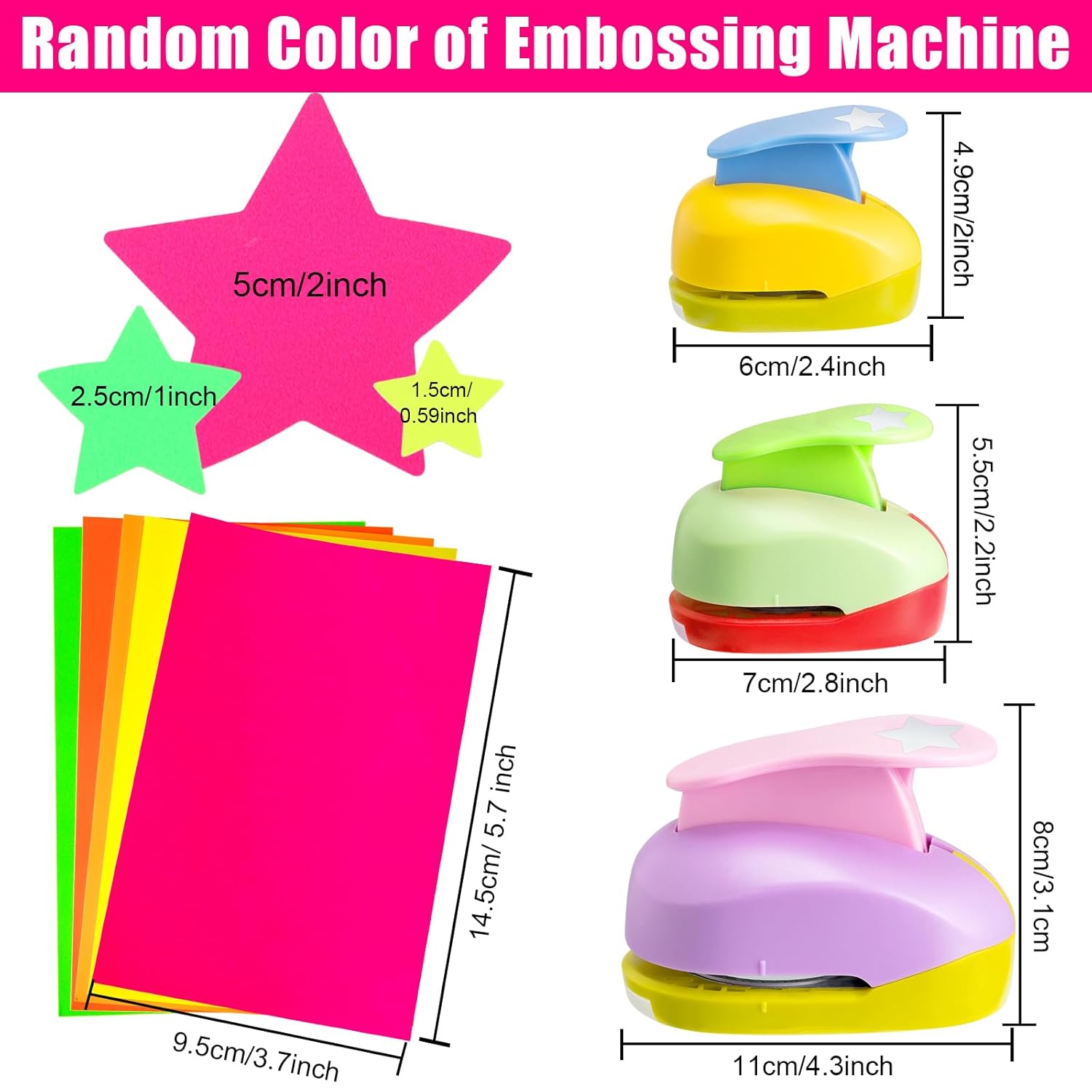 CHENGU 3 Sets Star Shaped Craft Hole Punch 2, 1 and 5/8 Inch Punch Paper Punchers with 10 Pcs Sticker, Cutter Purple Green Yellow for Card Making Scrapbook DIY Albums Photos Office Supplies